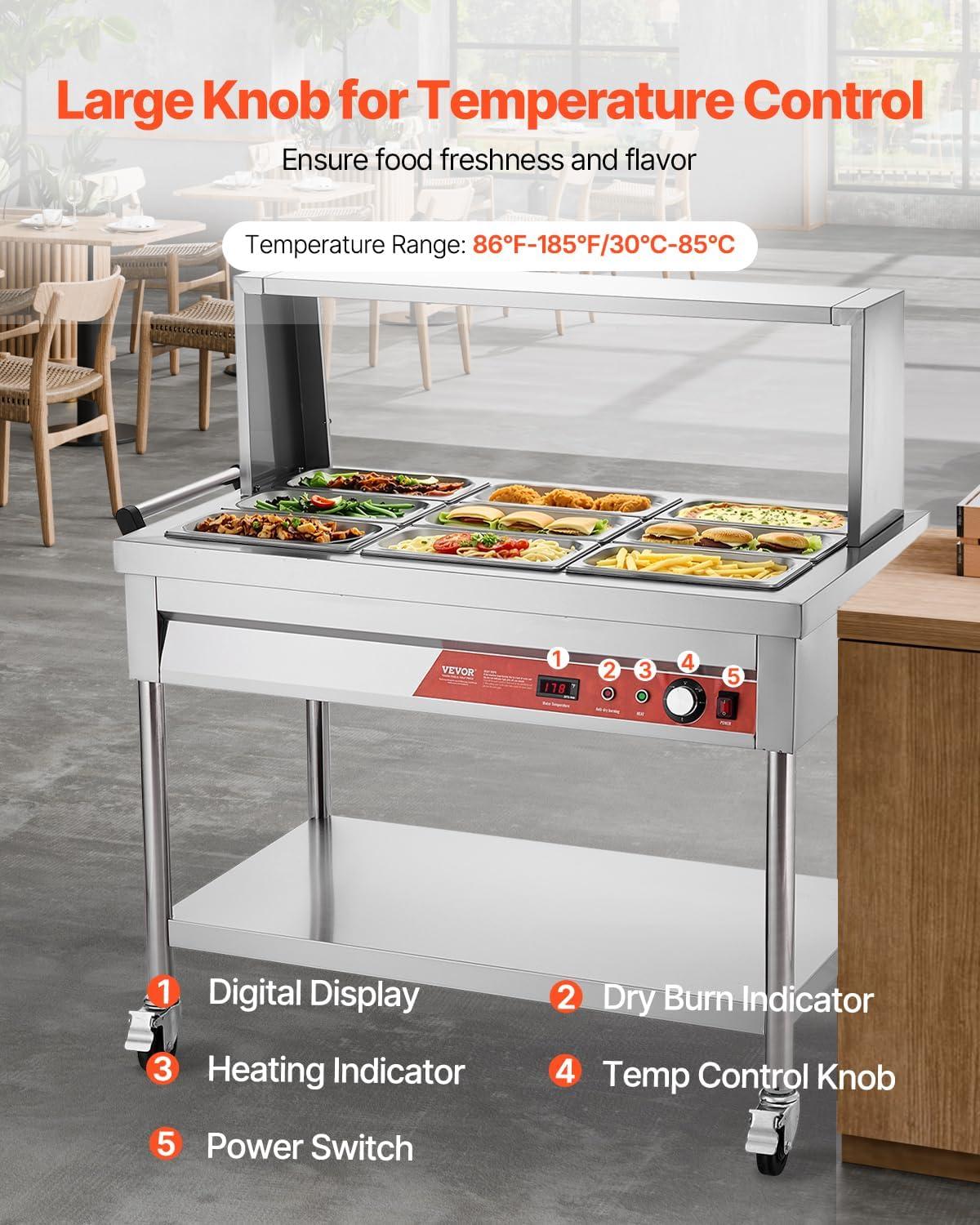 image:imageVEVOR Commercial Food Warmer 7 Pans 2 Pots Electric Steam Table 1800W Professional Buffet Catering Food Warmer with Shield Undershelf Wheels Stainless Steel Server for Party Restaurant Hotel9Pan