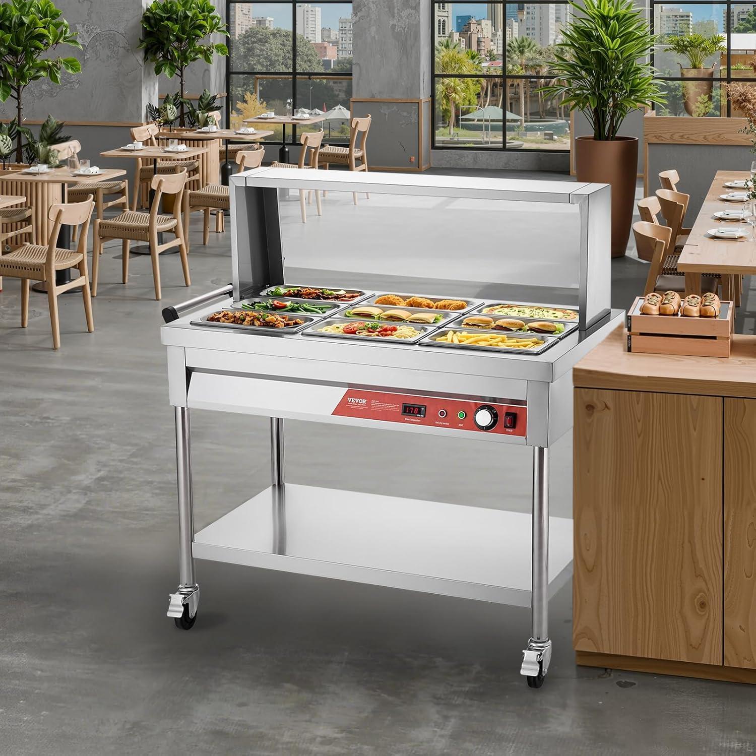 image:imageVEVOR Commercial Food Warmer 7 Pans 2 Pots Electric Steam Table 1800W Professional Buffet Catering Food Warmer with Shield Undershelf Wheels Stainless Steel Server for Party Restaurant Hotel9Pan