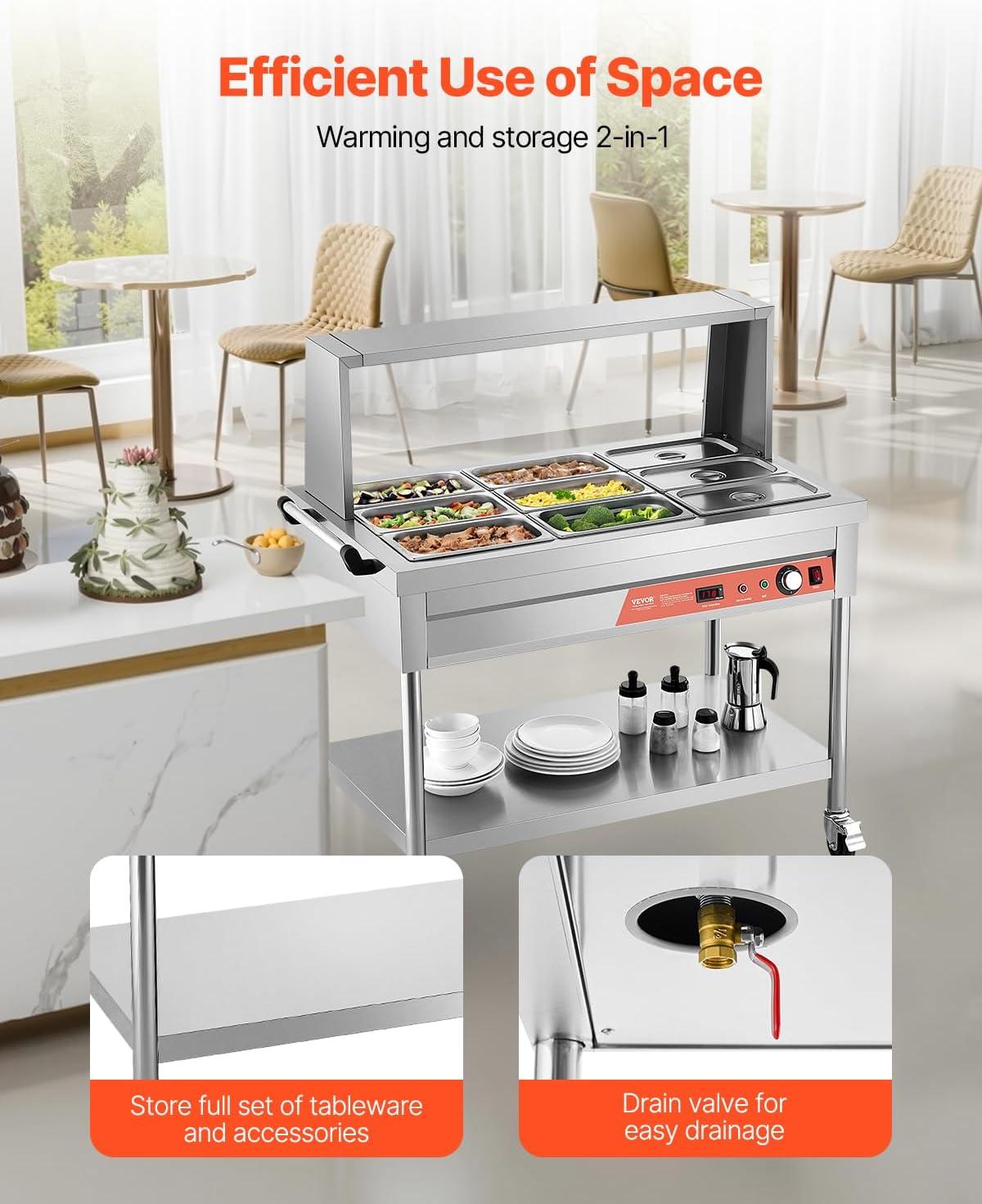 image:imageVEVOR Commercial Food Warmer 7 Pans 2 Pots Electric Steam Table 1800W Professional Buffet Catering Food Warmer with Shield Undershelf Wheels Stainless Steel Server for Party Restaurant Hotel9Pan