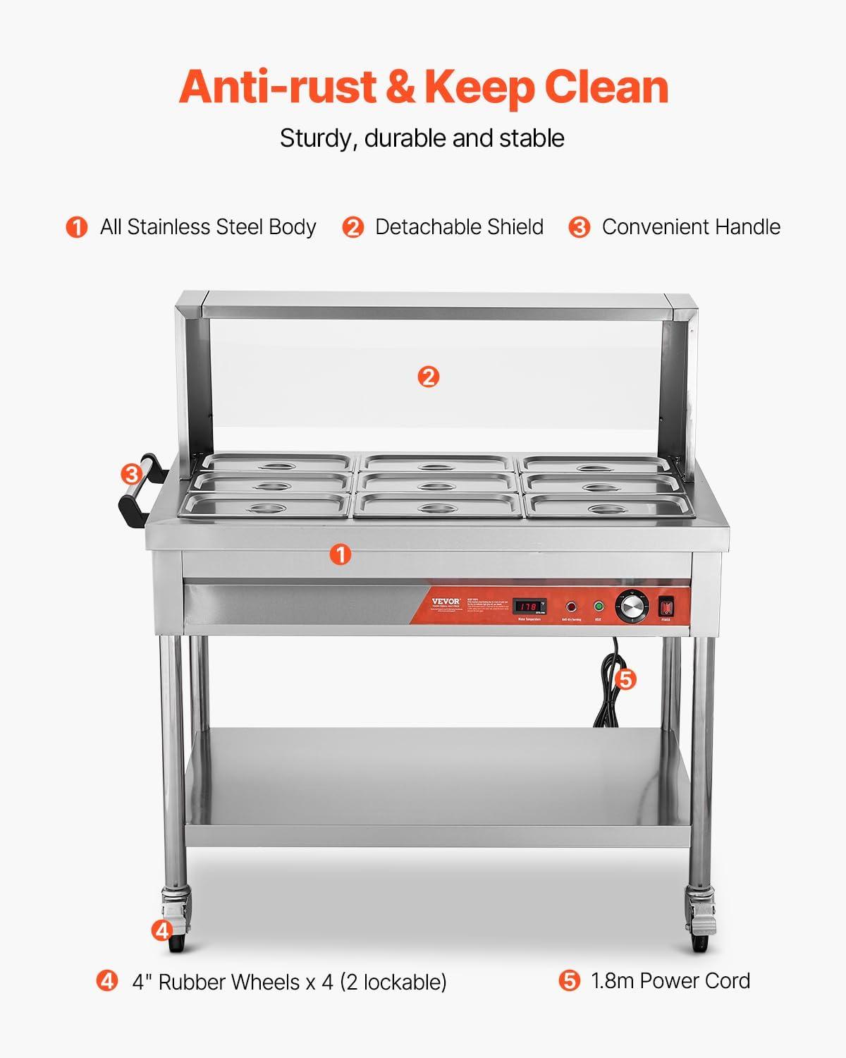 image:imageVEVOR Commercial Food Warmer 7 Pans 2 Pots Electric Steam Table 1800W Professional Buffet Catering Food Warmer with Shield Undershelf Wheels Stainless Steel Server for Party Restaurant Hotel9Pan