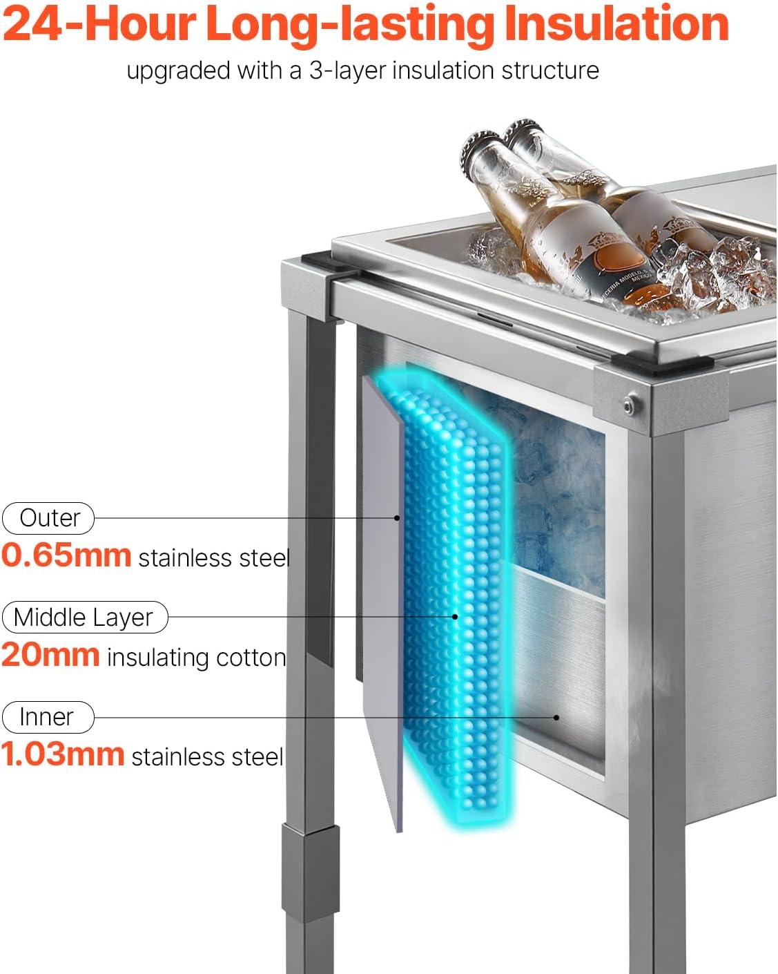 image:imageVEVOR Commercial Ice Bin Underbar Ice Bin Stainless Steel Ice Chest with Sliding Lid Bottle Holders Adjustable Bullet Feet Cooler Cart Cocktail Unit for Bar Restaurant Pub20 x 14 x 38 inch