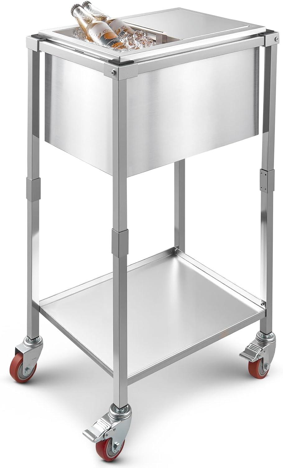 image:imageVEVOR Commercial Ice Bin Underbar Ice Bin Stainless Steel Ice Chest with Sliding Lid Bottle Holders Adjustable Bullet Feet Cooler Cart Cocktail Unit for Bar Restaurant Pub20 x 14 x 38 inch