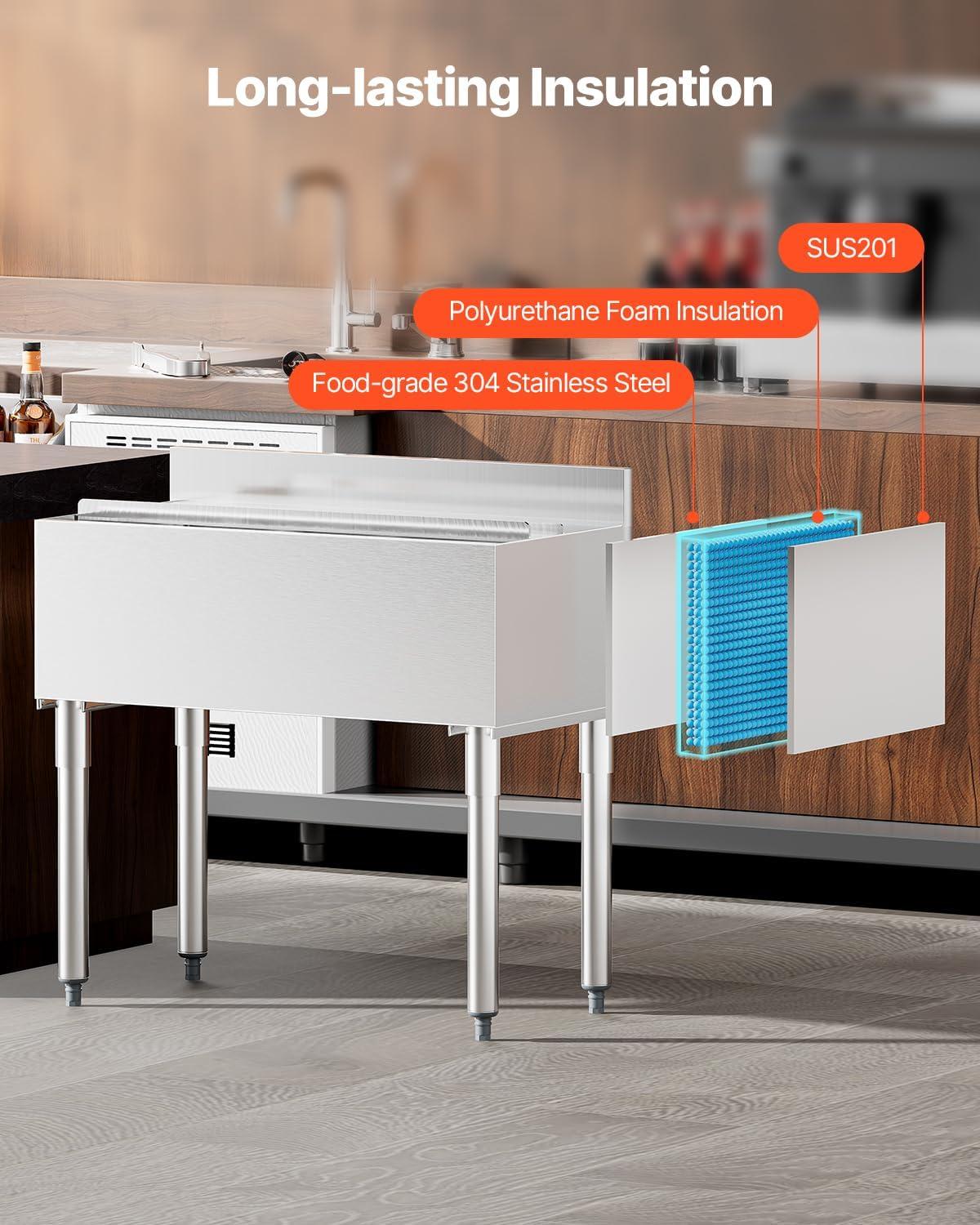 image:imageVEVOR Commercial Ice Bin Underbar Ice Bin Stainless Steel Ice Chest with Sliding Lid Bottle Holders Adjustable Bullet Feet Cooler Cart Cocktail Unit for Bar Restaurant Pub359 x 19 x 37 inch