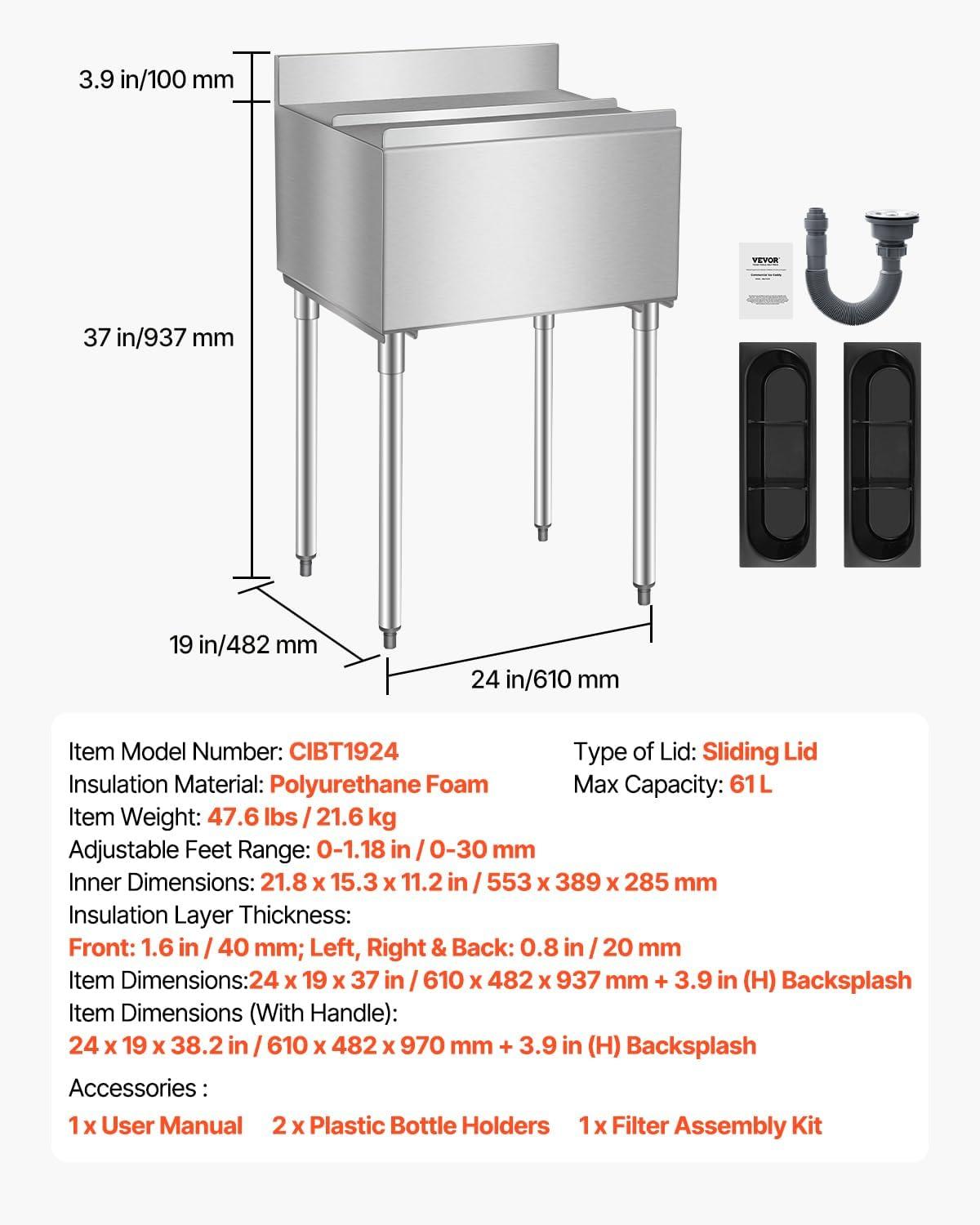 image:imageVEVOR Commercial Ice Bin Underbar Ice Bin Stainless Steel Ice Chest with Sliding Lid Bottle Holders Adjustable Bullet Feet Cooler Cart Cocktail Unit for Bar Restaurant Pub24 x 19 x 37 inch
