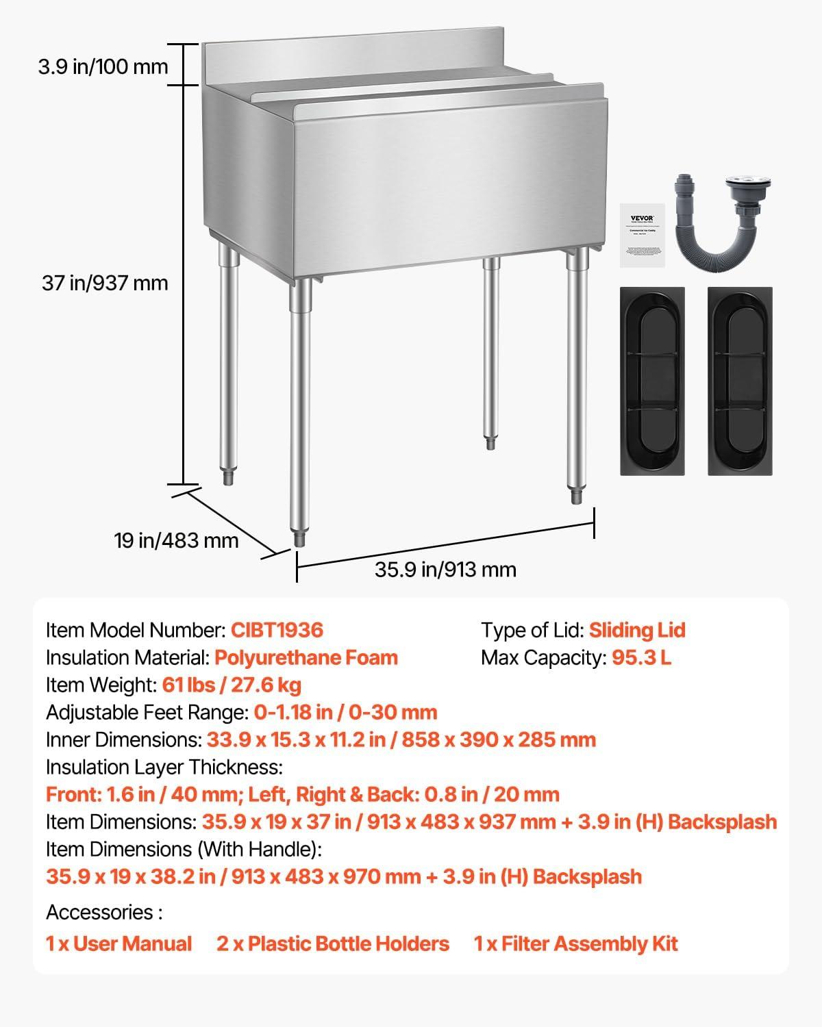 image:imageVEVOR Commercial Ice Bin Underbar Ice Bin Stainless Steel Ice Chest with Sliding Lid Bottle Holders Adjustable Bullet Feet Cooler Cart Cocktail Unit for Bar Restaurant Pub359 x 19 x 37 inch