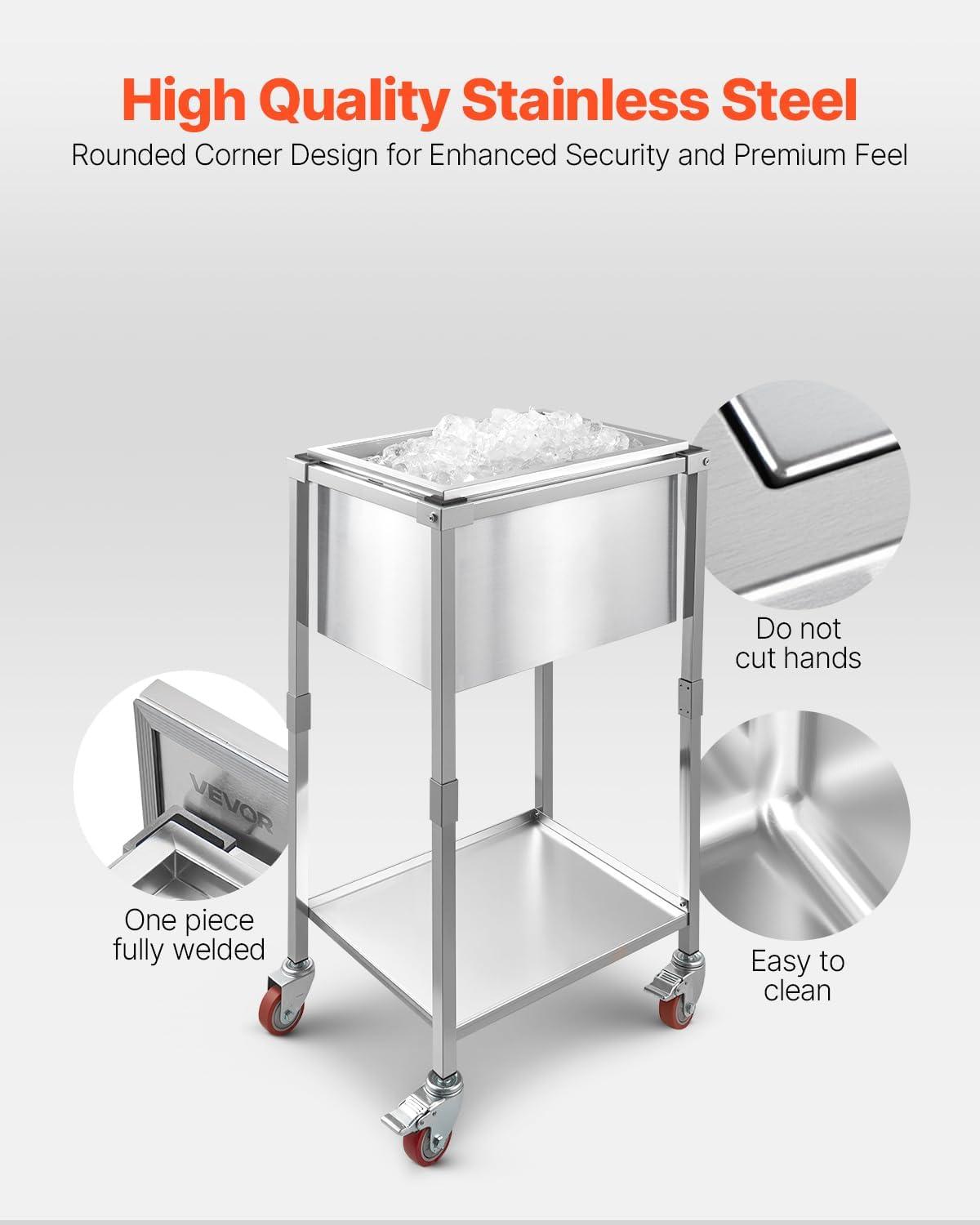 image:imageVEVOR Commercial Ice Bin Underbar Ice Bin Stainless Steel Ice Chest with Sliding Lid Bottle Holders Adjustable Bullet Feet Cooler Cart Cocktail Unit for Bar Restaurant Pub22 x 16 x 38 inch