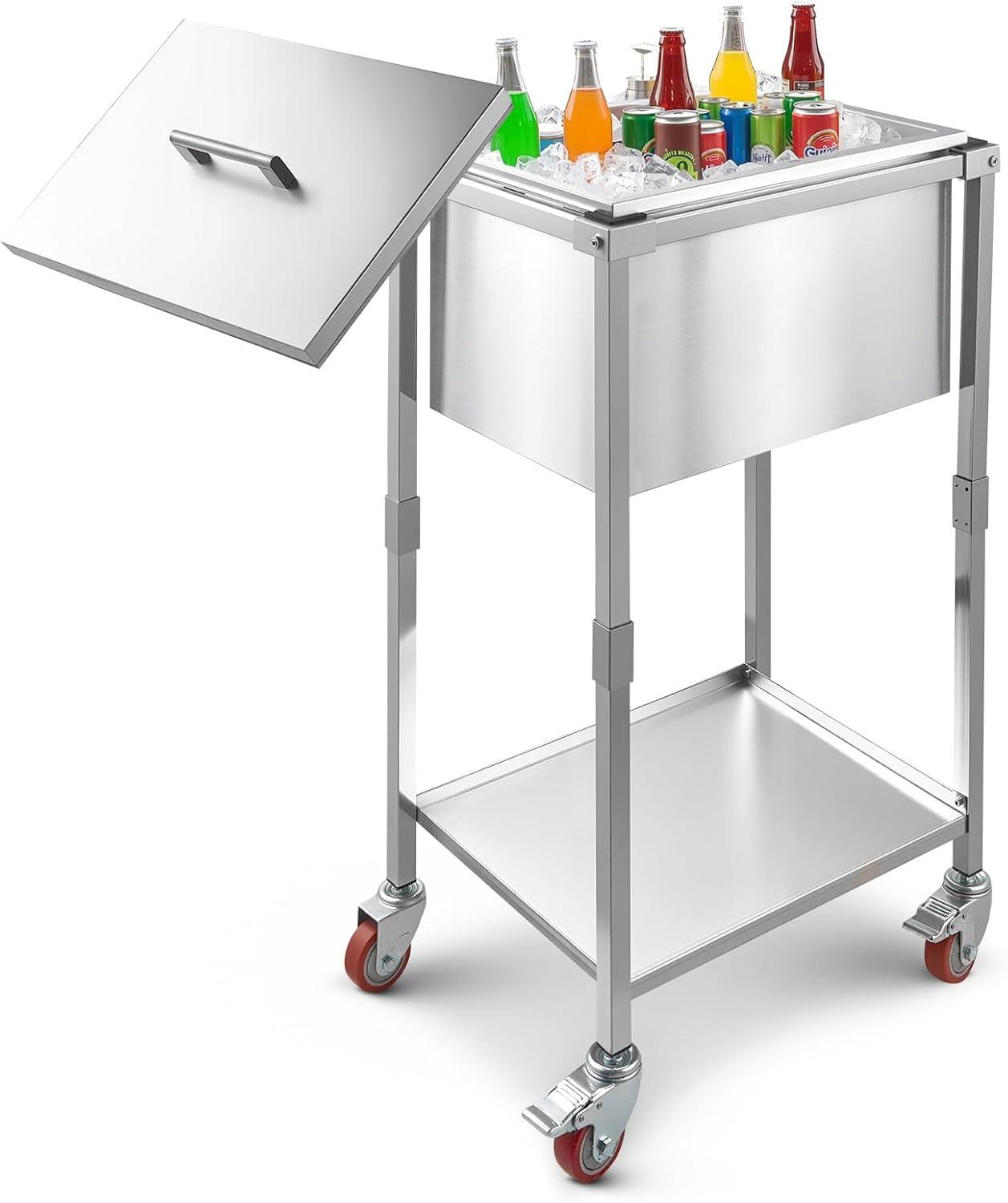 image:imageVEVOR Commercial Ice Bin Underbar Ice Bin Stainless Steel Ice Chest with Sliding Lid Bottle Holders Adjustable Bullet Feet Cooler Cart Cocktail Unit for Bar Restaurant Pub22 x 16 x 38 inch