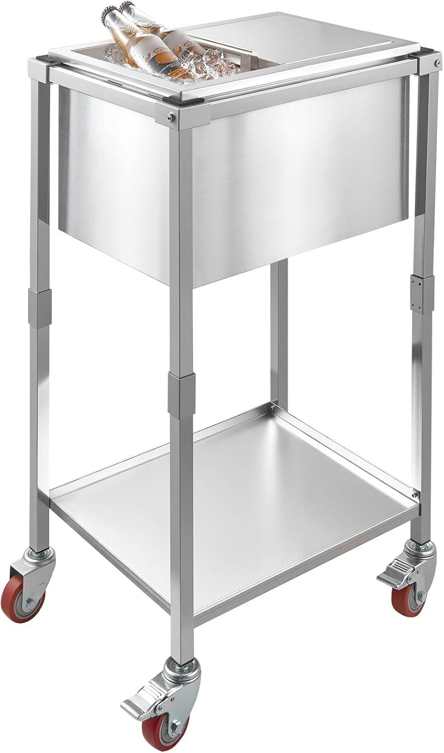 image:imageVEVOR Commercial Ice Bin Underbar Ice Bin Stainless Steel Ice Chest with Sliding Lid Bottle Holders Adjustable Bullet Feet Cooler Cart Cocktail Unit for Bar Restaurant Pub20 x 14 x 38 inch