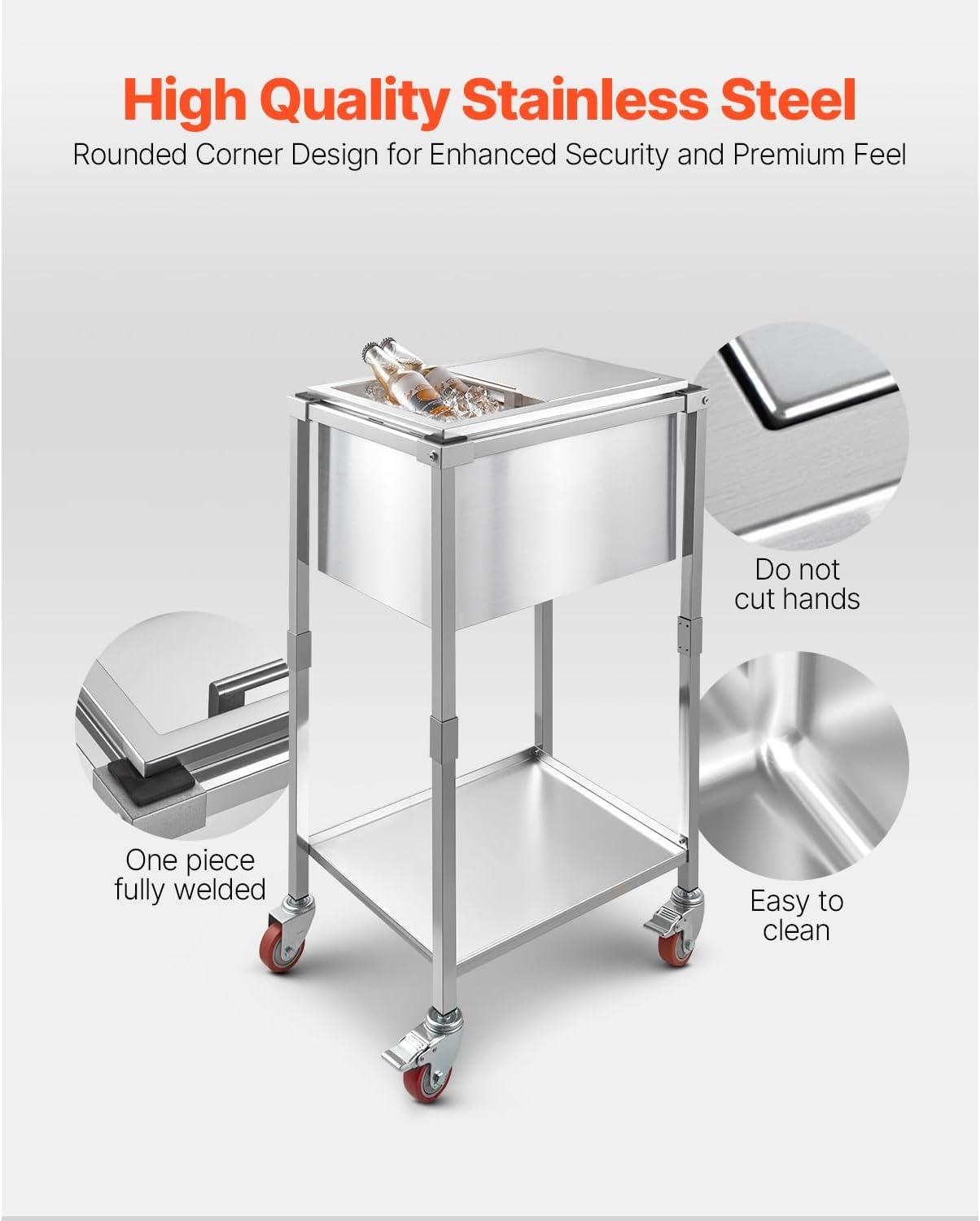 image:imageVEVOR Commercial Ice Bin Underbar Ice Bin Stainless Steel Ice Chest with Sliding Lid Bottle Holders Adjustable Bullet Feet Cooler Cart Cocktail Unit for Bar Restaurant Pub20 x 14 x 38 inch