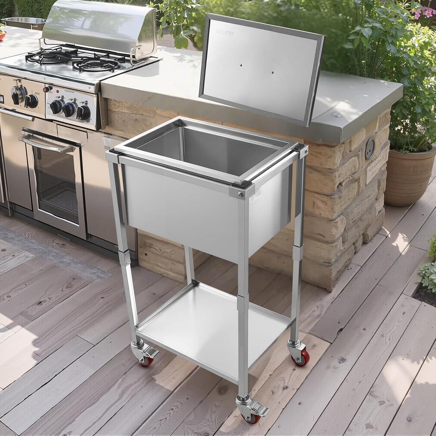 image:imageVEVOR Commercial Ice Bin Underbar Ice Bin Stainless Steel Ice Chest with Sliding Lid Bottle Holders Adjustable Bullet Feet Cooler Cart Cocktail Unit for Bar Restaurant Pub22 x 16 x 38 inch