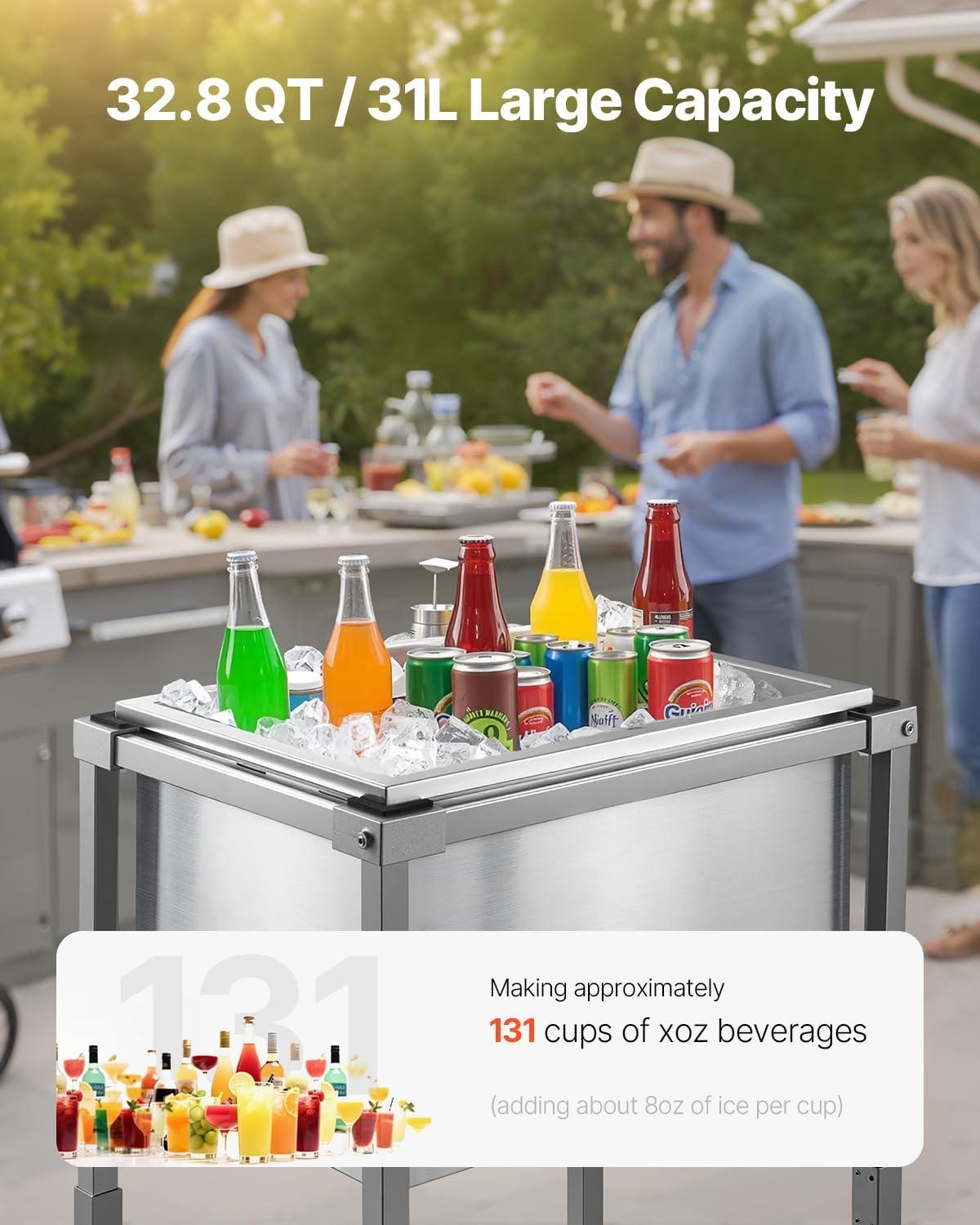 image:imageVEVOR Commercial Ice Bin Underbar Ice Bin Stainless Steel Ice Chest with Sliding Lid Bottle Holders Adjustable Bullet Feet Cooler Cart Cocktail Unit for Bar Restaurant Pub22 x 16 x 38 inch
