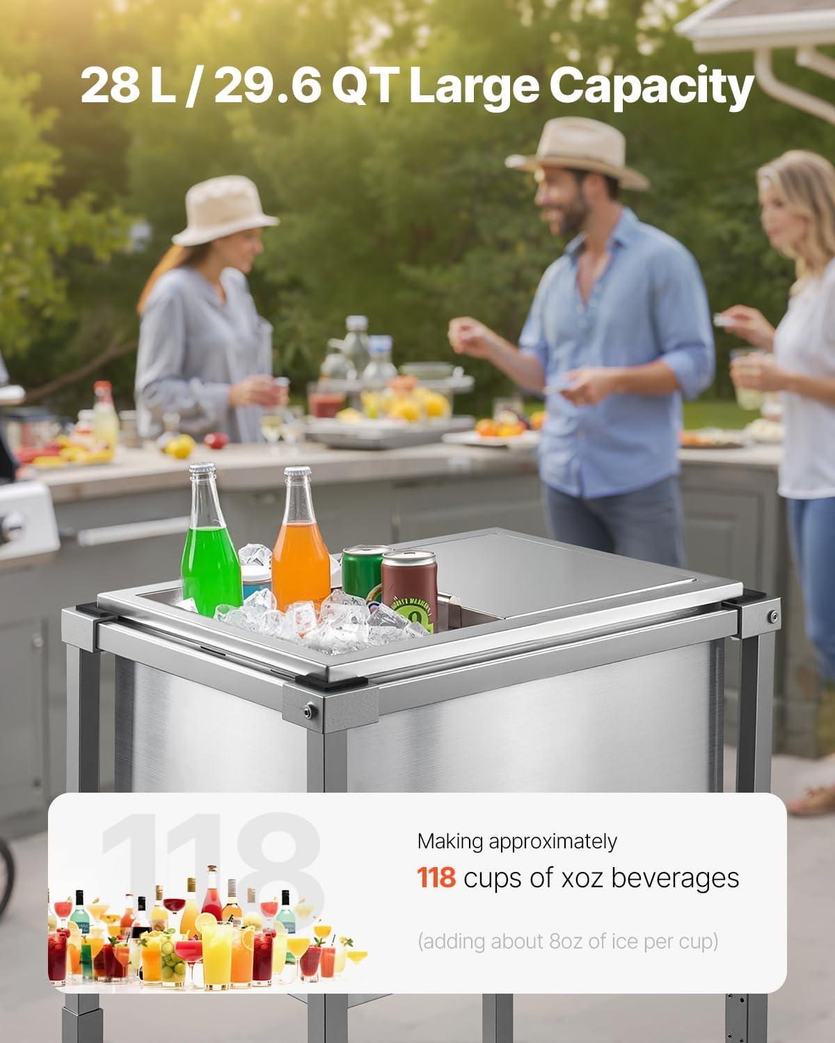 image:imageVEVOR Commercial Ice Bin Underbar Ice Bin Stainless Steel Ice Chest with Sliding Lid Bottle Holders Adjustable Bullet Feet Cooler Cart Cocktail Unit for Bar Restaurant Pub20 x 14 x 38 inch