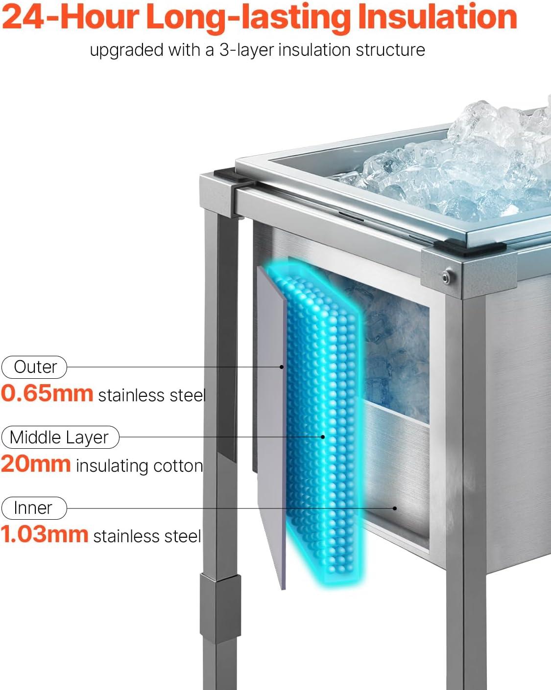 image:imageVEVOR Commercial Ice Bin Underbar Ice Bin Stainless Steel Ice Chest with Sliding Lid Bottle Holders Adjustable Bullet Feet Cooler Cart Cocktail Unit for Bar Restaurant Pub22 x 16 x 38 inch