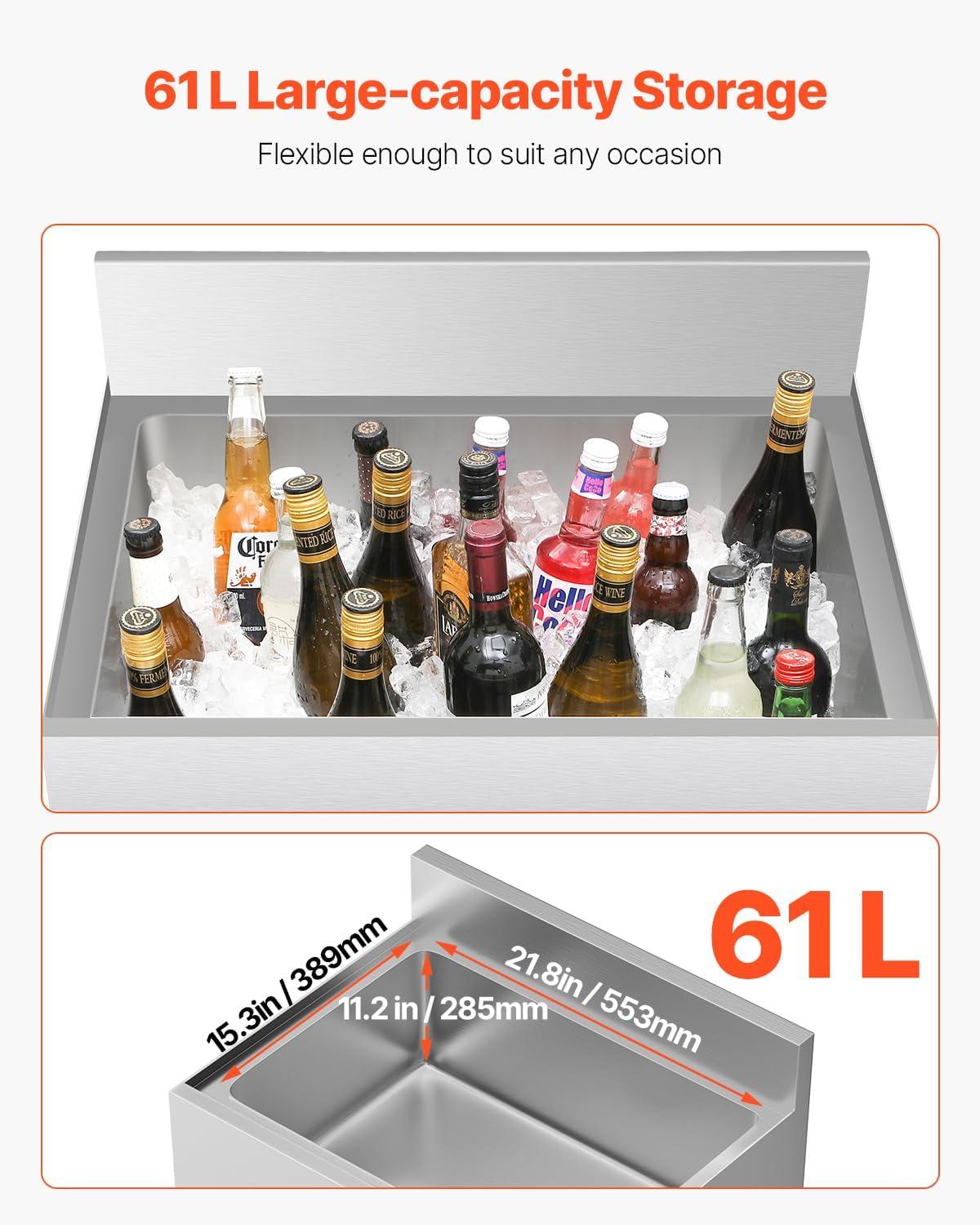 image:imageVEVOR Commercial Ice Bin Underbar Ice Bin Stainless Steel Ice Chest with Sliding Lid Bottle Holders Adjustable Bullet Feet Cooler Cart Cocktail Unit for Bar Restaurant Pub24 x 19 x 37 inch