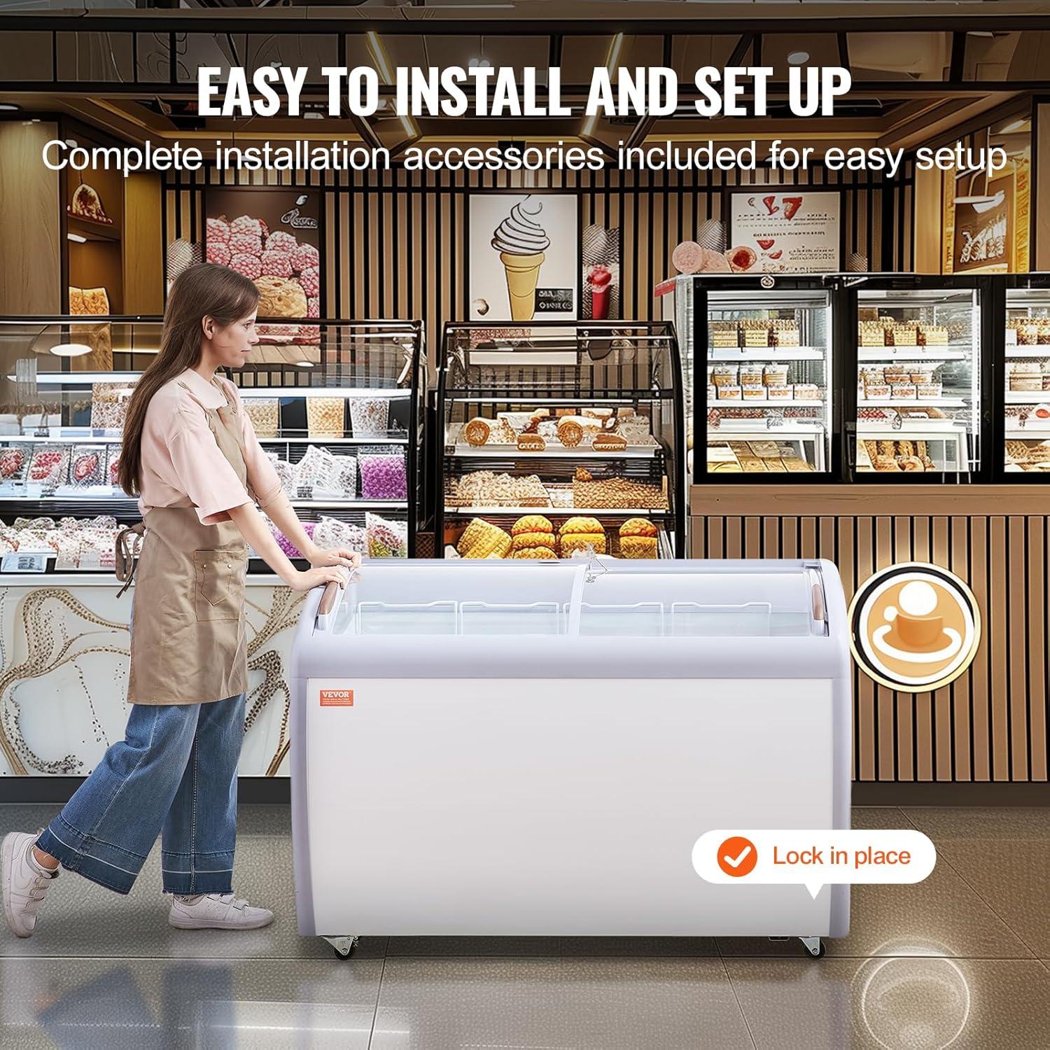 image:imageVEVOR Commercial Ice Cream Display Case 128 Cuft Chest Freezer Mobile Glass Top Deep Freezer Restaurant Gelato Dipping Cabinet with 4 Wire Baskets 2 Sliding Glass Doosr Locking Casters White128 Cuft