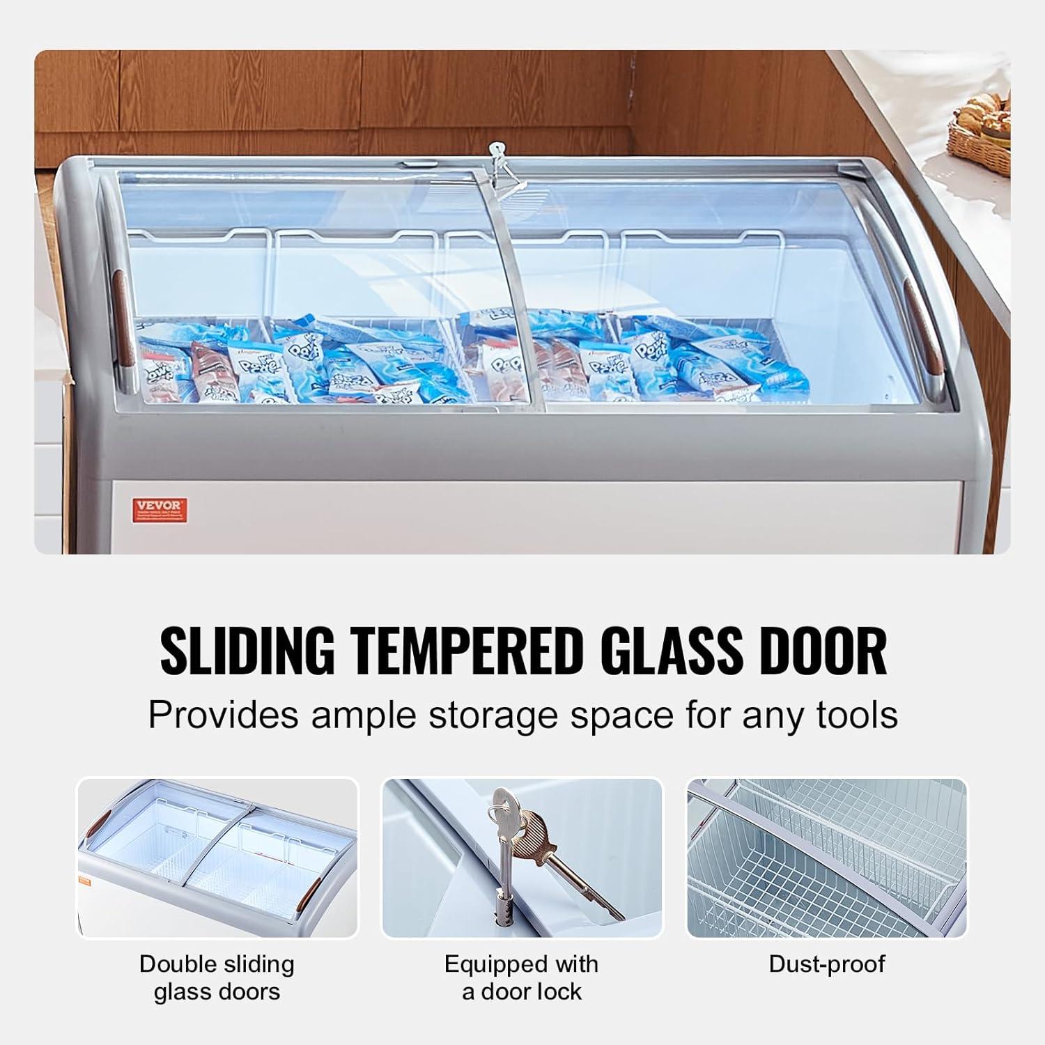 image:imageVEVOR Commercial Ice Cream Display Case 128 Cuft Chest Freezer Mobile Glass Top Deep Freezer Restaurant Gelato Dipping Cabinet with 4 Wire Baskets 2 Sliding Glass Doosr Locking Casters White128 Cuft