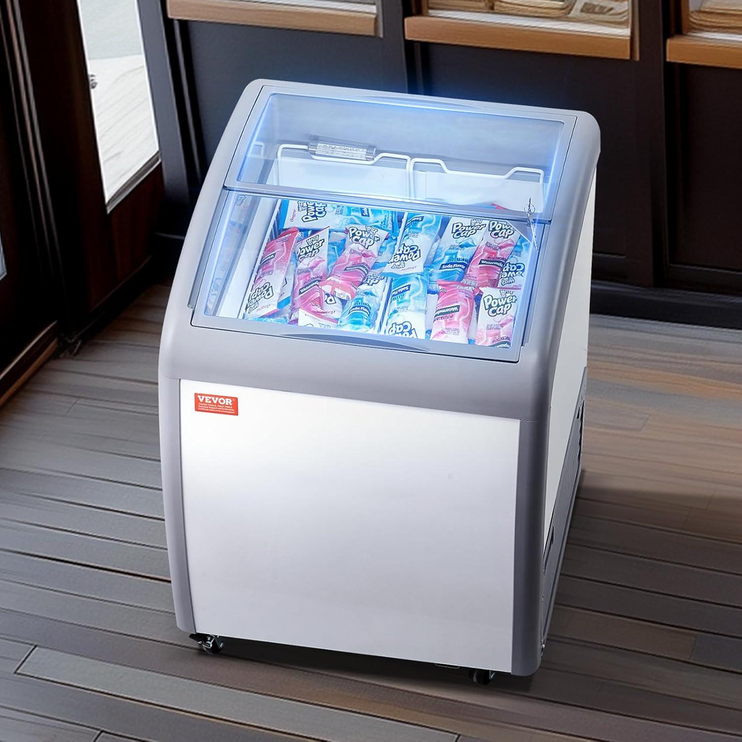 image:imageVEVOR Commercial Ice Cream Display Case 128 Cuft Chest Freezer Mobile Glass Top Deep Freezer Restaurant Gelato Dipping Cabinet with 4 Wire Baskets 2 Sliding Glass Doosr Locking Casters White54 Cuft