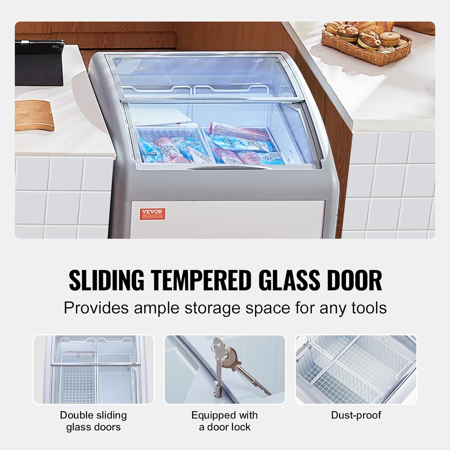 image:imageVEVOR Commercial Ice Cream Display Case 128 Cuft Chest Freezer Mobile Glass Top Deep Freezer Restaurant Gelato Dipping Cabinet with 4 Wire Baskets 2 Sliding Glass Doosr Locking Casters White54 Cuft