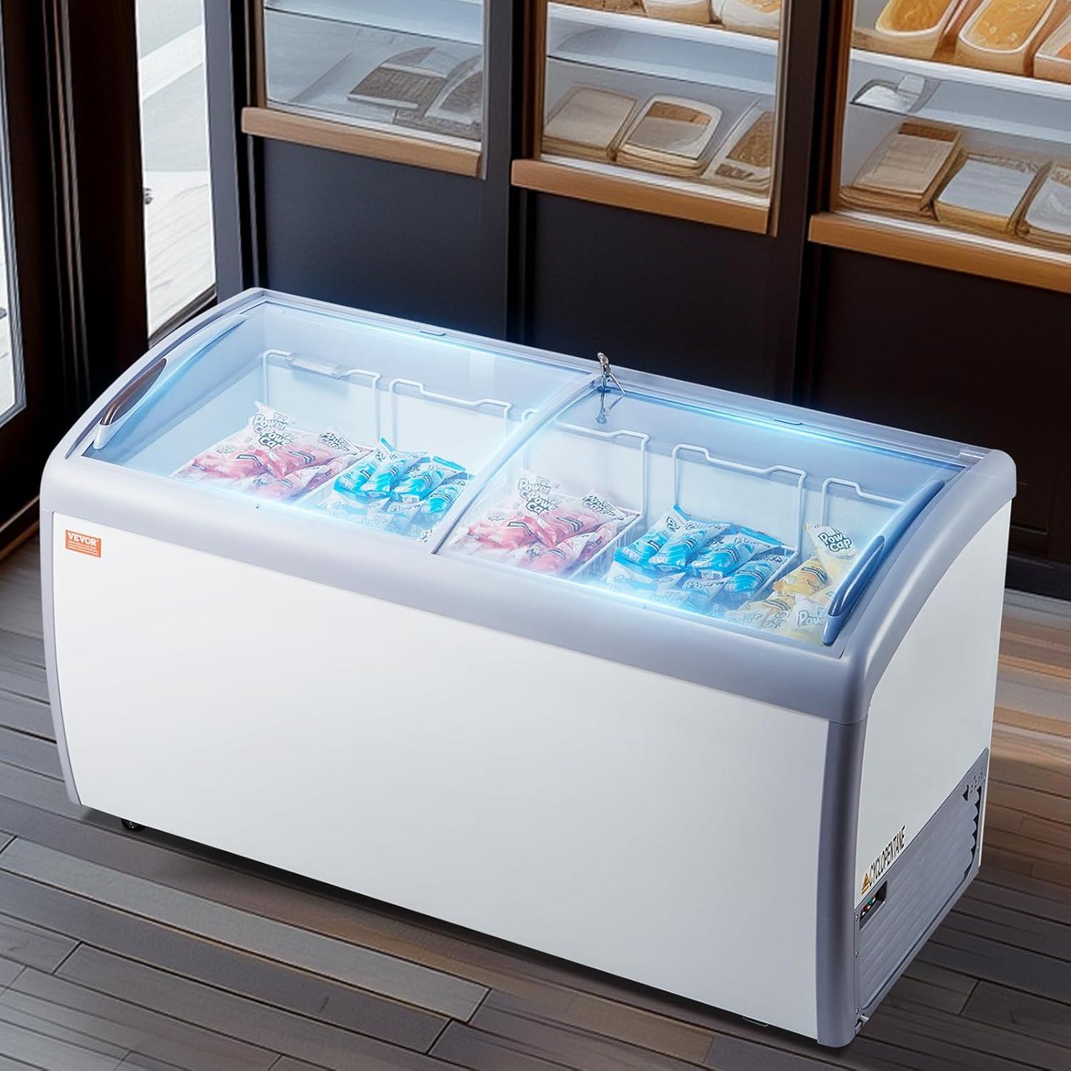 image:imageVEVOR Commercial Ice Cream Display Case 128 Cuft Chest Freezer Mobile Glass Top Deep Freezer Restaurant Gelato Dipping Cabinet with 4 Wire Baskets 2 Sliding Glass Doosr Locking Casters White163 Cuft