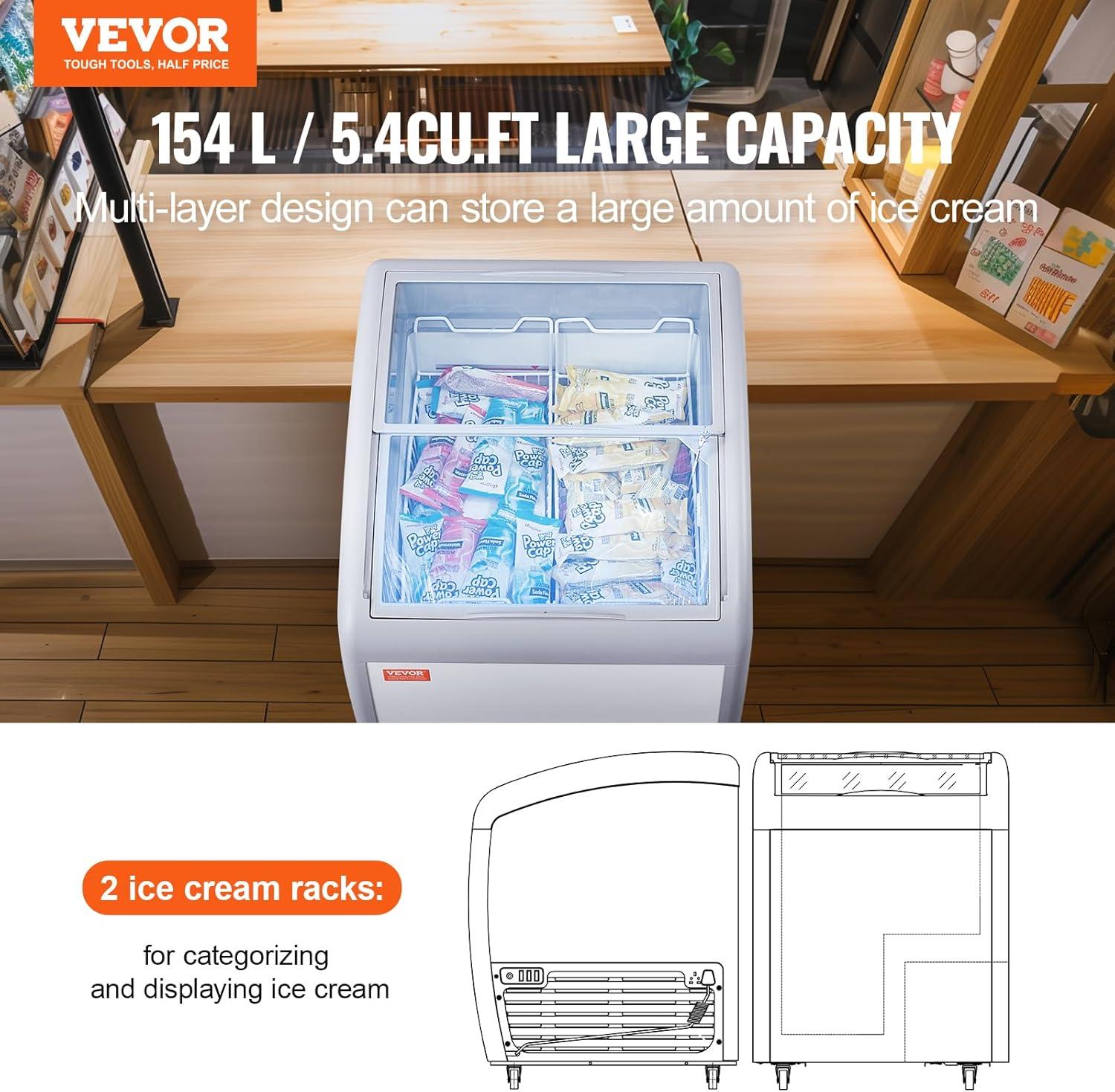 image:imageVEVOR Commercial Ice Cream Display Case 128 Cuft Chest Freezer Mobile Glass Top Deep Freezer Restaurant Gelato Dipping Cabinet with 4 Wire Baskets 2 Sliding Glass Doosr Locking Casters White54 Cuft