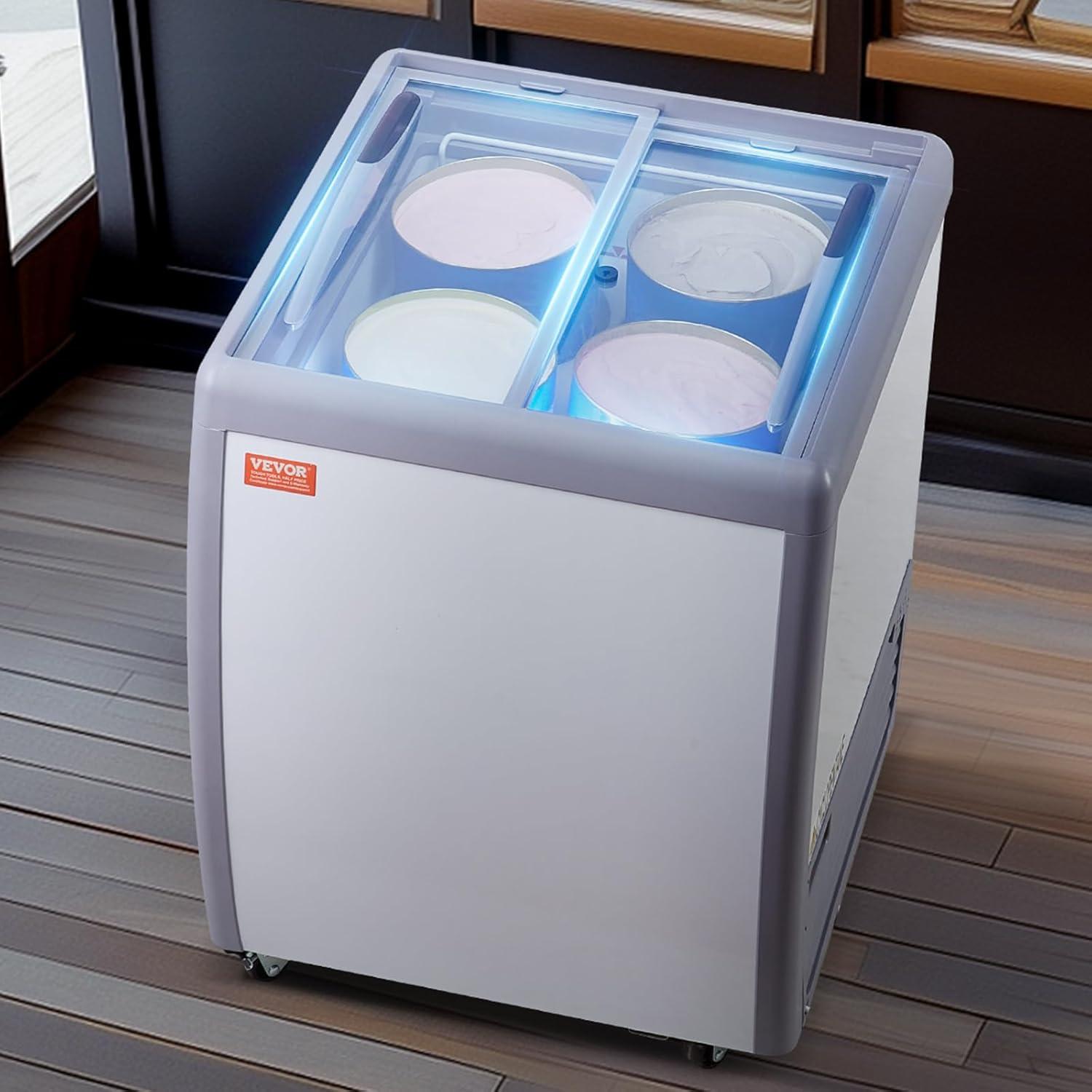image:imageVEVOR Commercial Ice Cream Display Case 128 Cuft Chest Freezer Mobile Glass Top Deep Freezer Restaurant Gelato Dipping Cabinet with 4 Wire Baskets 2 Sliding Glass Doosr Locking Casters White56 Cuft