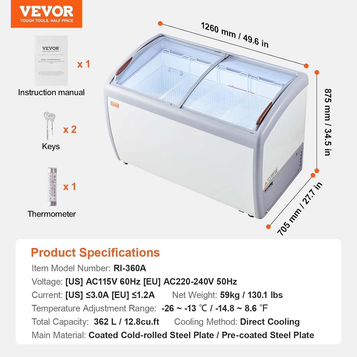 image:imageVEVOR Commercial Ice Cream Display Case 128 Cuft Chest Freezer Mobile Glass Top Deep Freezer Restaurant Gelato Dipping Cabinet with 4 Wire Baskets 2 Sliding Glass Doosr Locking Casters White128 Cuft