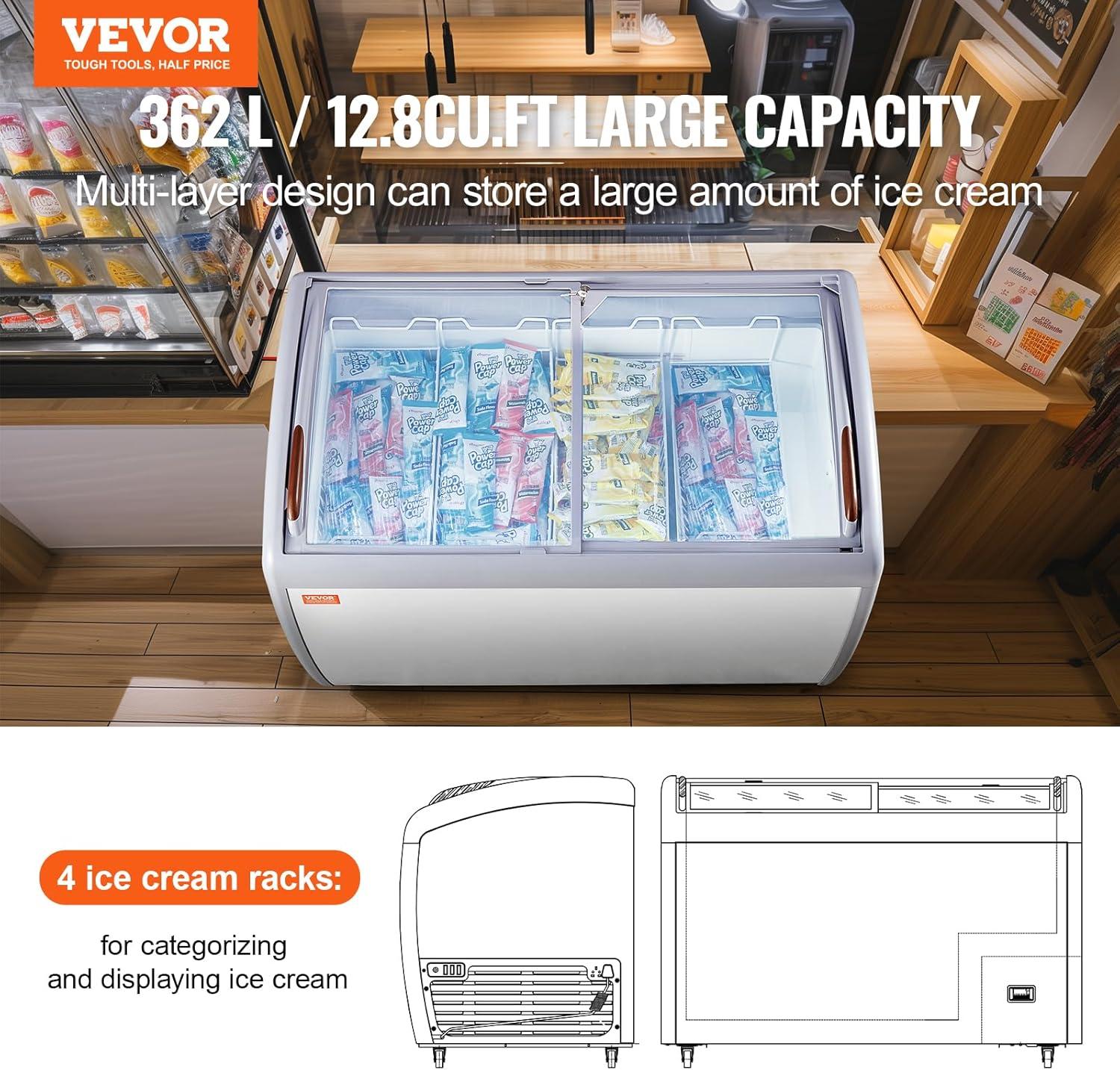 image:imageVEVOR Commercial Ice Cream Display Case 128 Cuft Chest Freezer Mobile Glass Top Deep Freezer Restaurant Gelato Dipping Cabinet with 4 Wire Baskets 2 Sliding Glass Doosr Locking Casters White128 Cuft