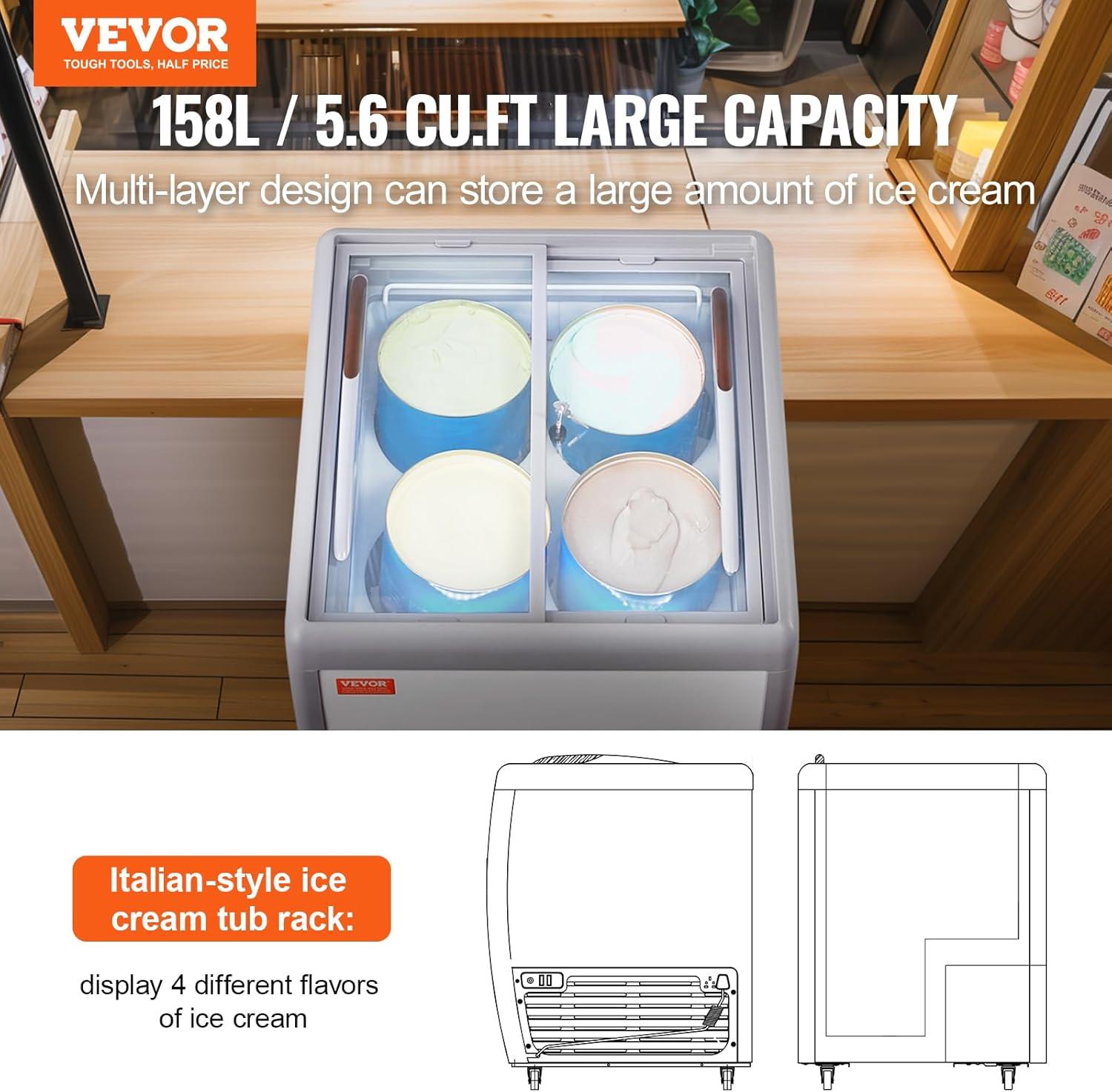 image:imageVEVOR Commercial Ice Cream Display Case 128 Cuft Chest Freezer Mobile Glass Top Deep Freezer Restaurant Gelato Dipping Cabinet with 4 Wire Baskets 2 Sliding Glass Doosr Locking Casters White56 Cuft