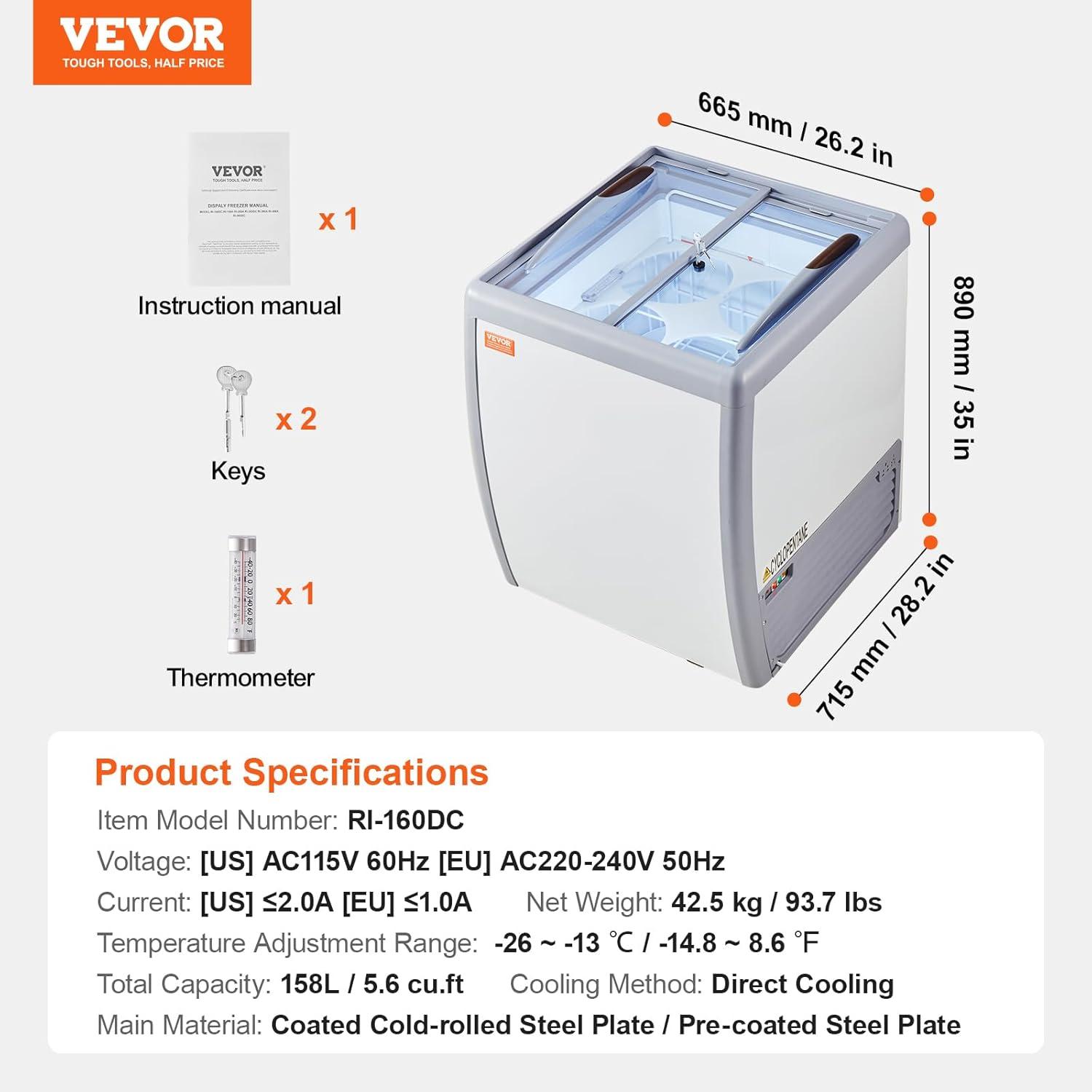 image:imageVEVOR Commercial Ice Cream Display Case 128 Cuft Chest Freezer Mobile Glass Top Deep Freezer Restaurant Gelato Dipping Cabinet with 4 Wire Baskets 2 Sliding Glass Doosr Locking Casters White56 Cuft