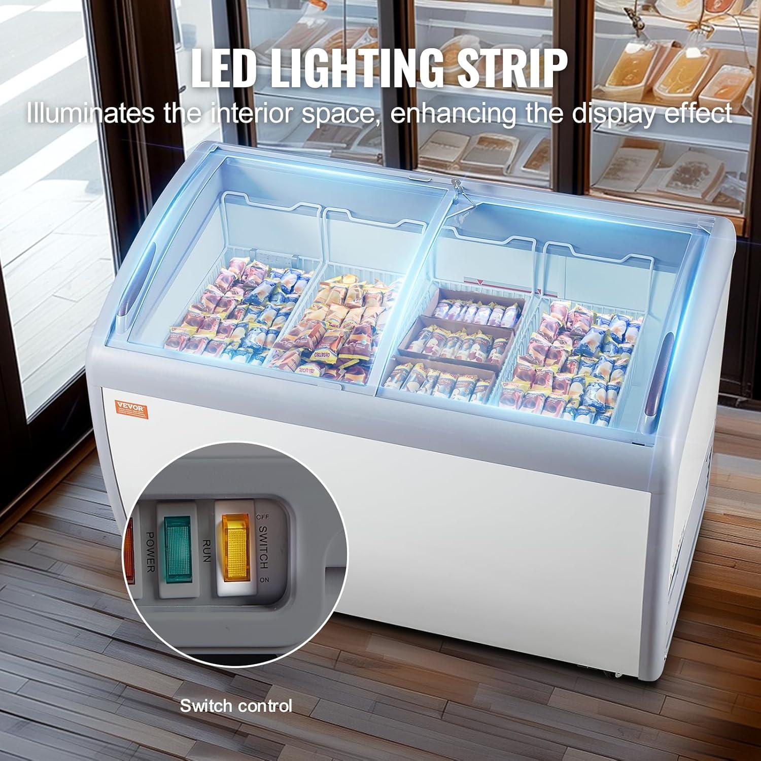 image:imageVEVOR Commercial Ice Cream Display Case 128 Cuft Chest Freezer Mobile Glass Top Deep Freezer Restaurant Gelato Dipping Cabinet with 4 Wire Baskets 2 Sliding Glass Doosr Locking Casters White128 Cuft