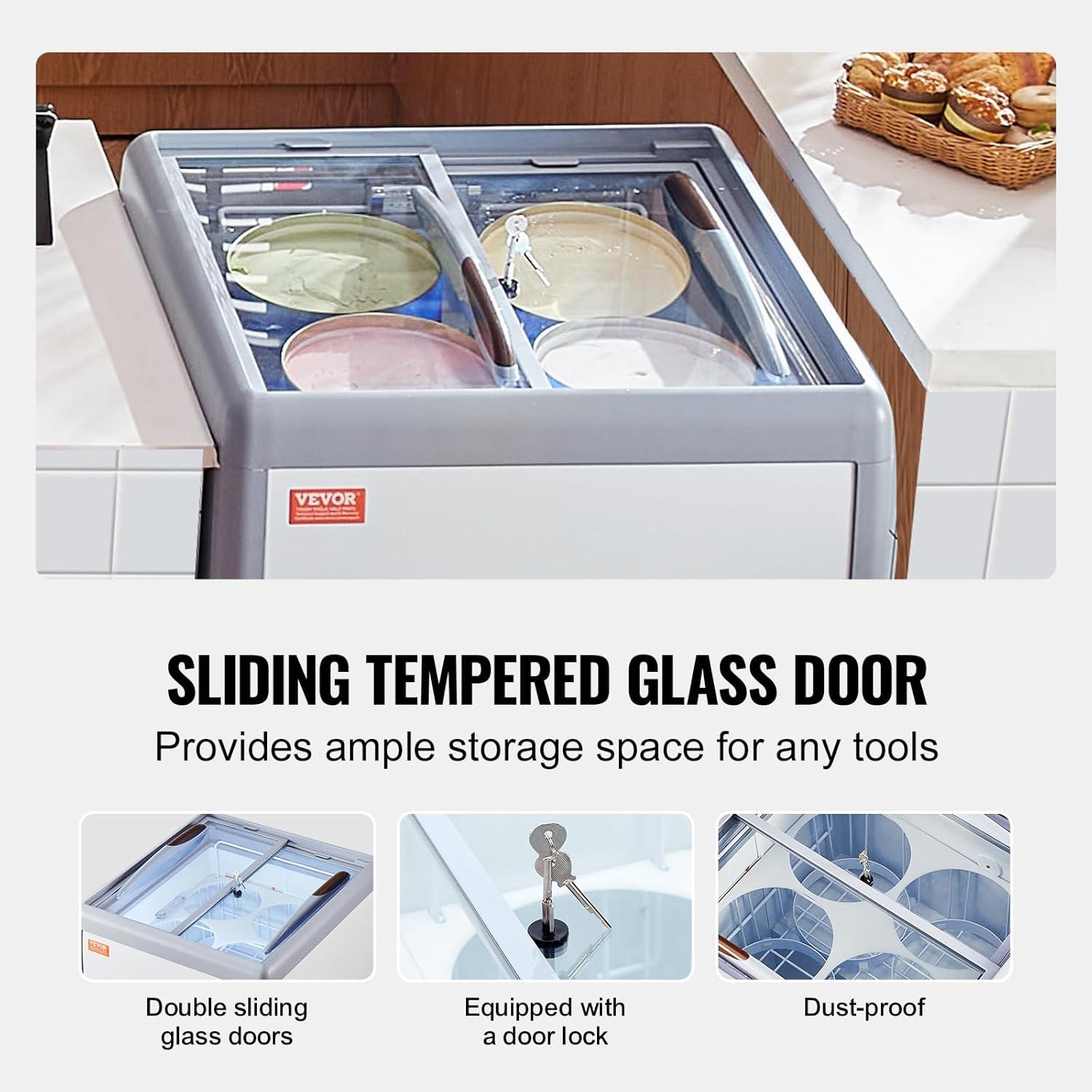 image:imageVEVOR Commercial Ice Cream Display Case 128 Cuft Chest Freezer Mobile Glass Top Deep Freezer Restaurant Gelato Dipping Cabinet with 4 Wire Baskets 2 Sliding Glass Doosr Locking Casters White56 Cuft