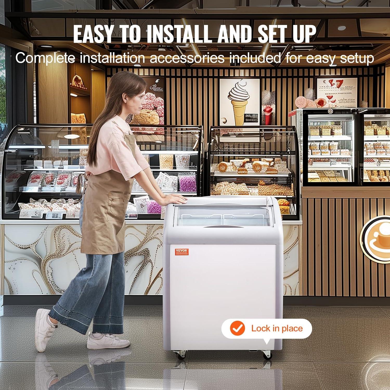 image:imageVEVOR Commercial Ice Cream Display Case 128 Cuft Chest Freezer Mobile Glass Top Deep Freezer Restaurant Gelato Dipping Cabinet with 4 Wire Baskets 2 Sliding Glass Doosr Locking Casters White54 Cuft