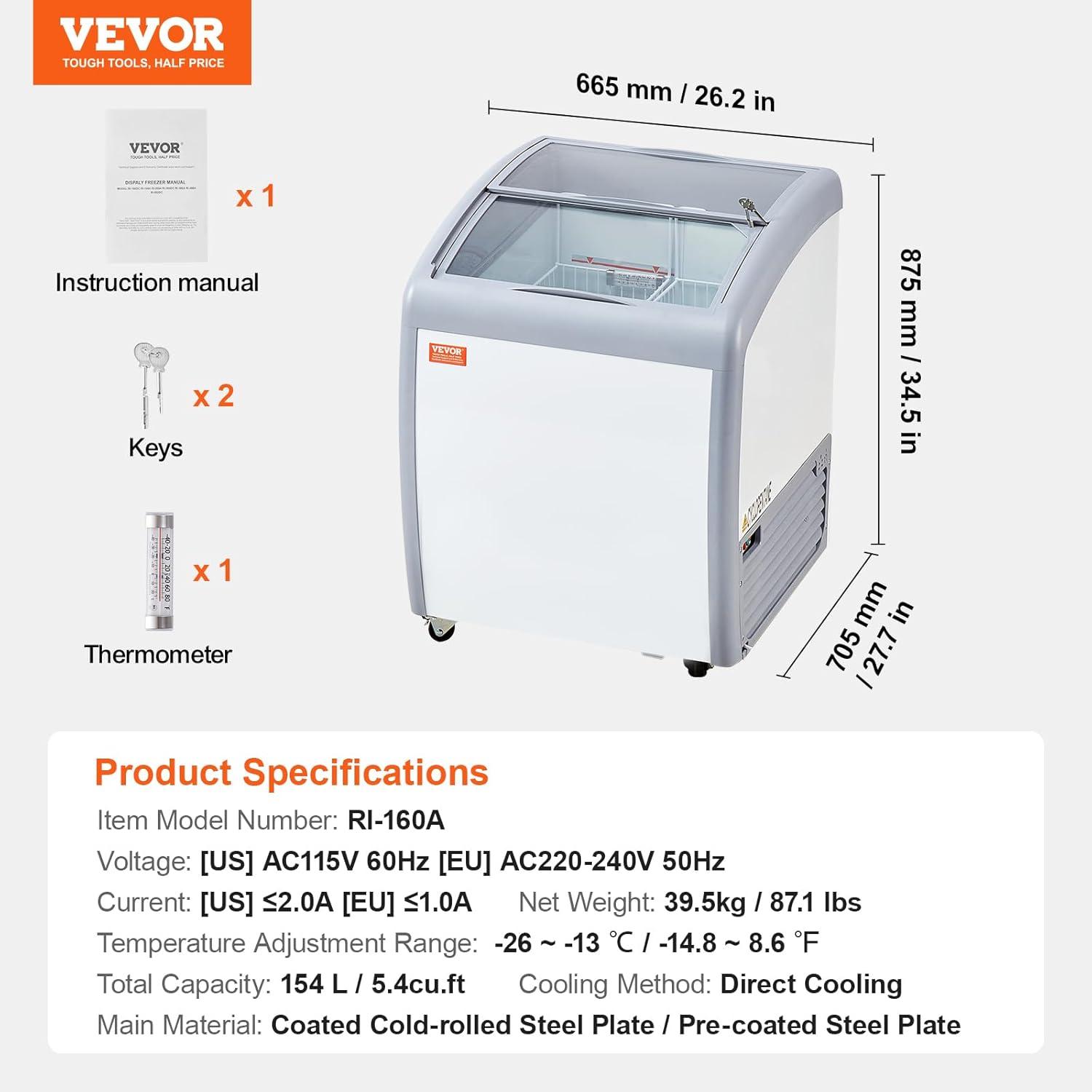 image:imageVEVOR Commercial Ice Cream Display Case 128 Cuft Chest Freezer Mobile Glass Top Deep Freezer Restaurant Gelato Dipping Cabinet with 4 Wire Baskets 2 Sliding Glass Doosr Locking Casters White54 Cuft