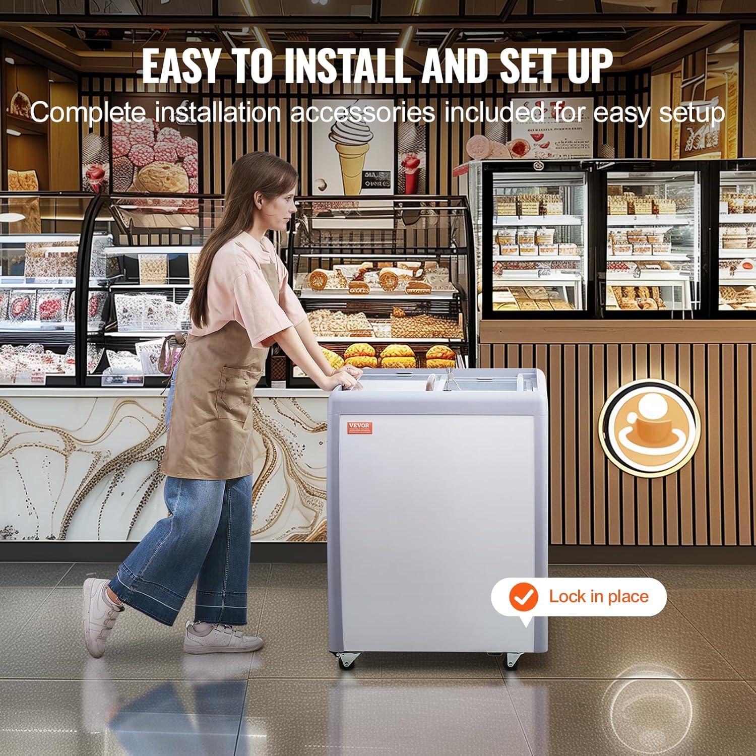 image:imageVEVOR Commercial Ice Cream Display Case 128 Cuft Chest Freezer Mobile Glass Top Deep Freezer Restaurant Gelato Dipping Cabinet with 4 Wire Baskets 2 Sliding Glass Doosr Locking Casters White56 Cuft