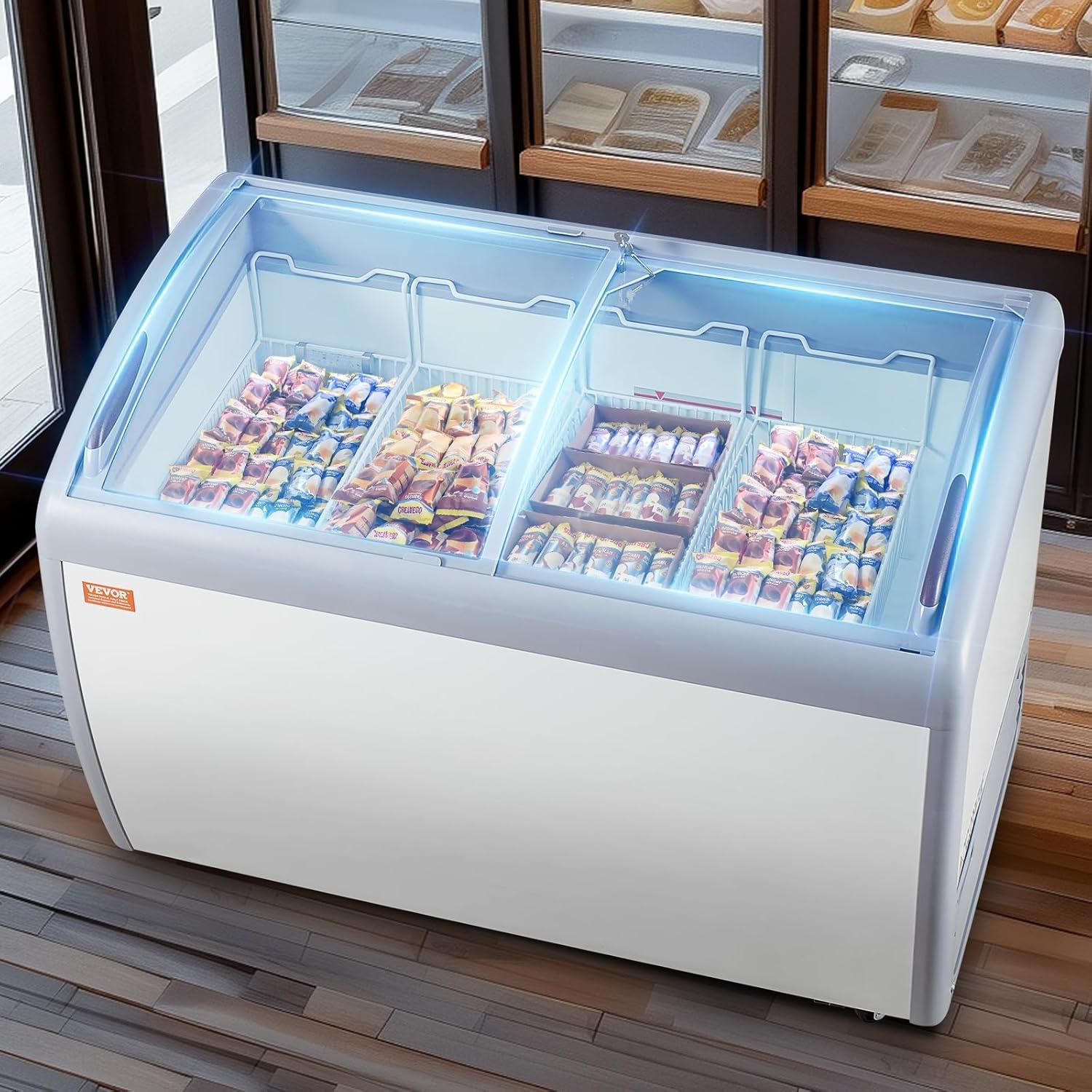 image:imageVEVOR Commercial Ice Cream Display Case 128 Cuft Chest Freezer Mobile Glass Top Deep Freezer Restaurant Gelato Dipping Cabinet with 4 Wire Baskets 2 Sliding Glass Doosr Locking Casters White128 Cuft