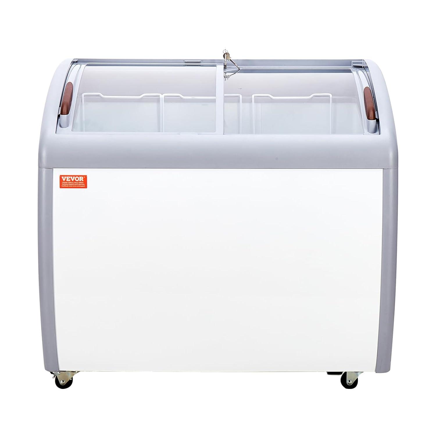image:imageVEVOR Commercial Ice Cream Display Case 93 Cuft Chest Freezer Mobile Glass Top Deep Freezer Restaurant Gelato Dipping Cabinet with 3 Wire Baskets 2 Sliding Glass Doors Locking Casters White