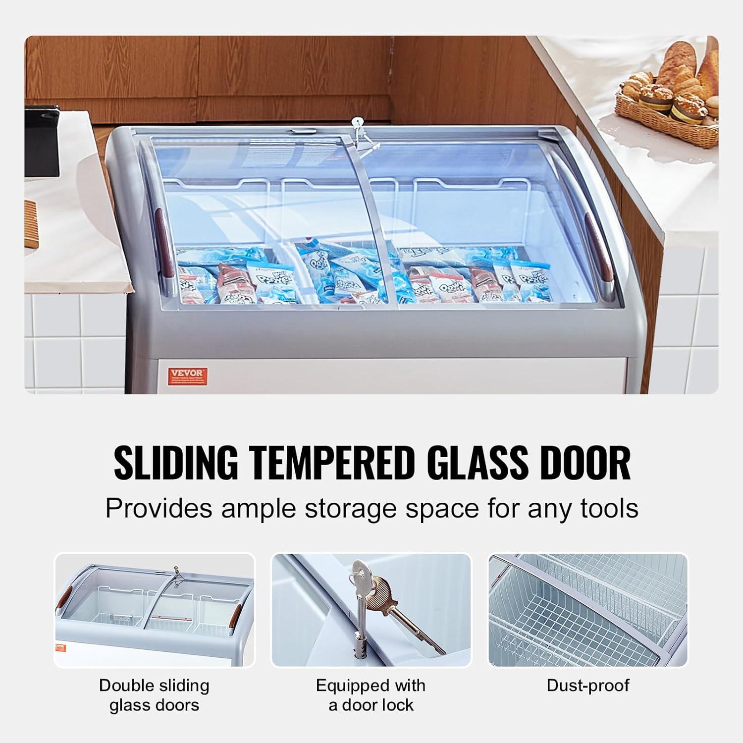 image:imageVEVOR Commercial Ice Cream Display Case 93 Cuft Chest Freezer Mobile Glass Top Deep Freezer Restaurant Gelato Dipping Cabinet with 3 Wire Baskets 2 Sliding Glass Doors Locking Casters White