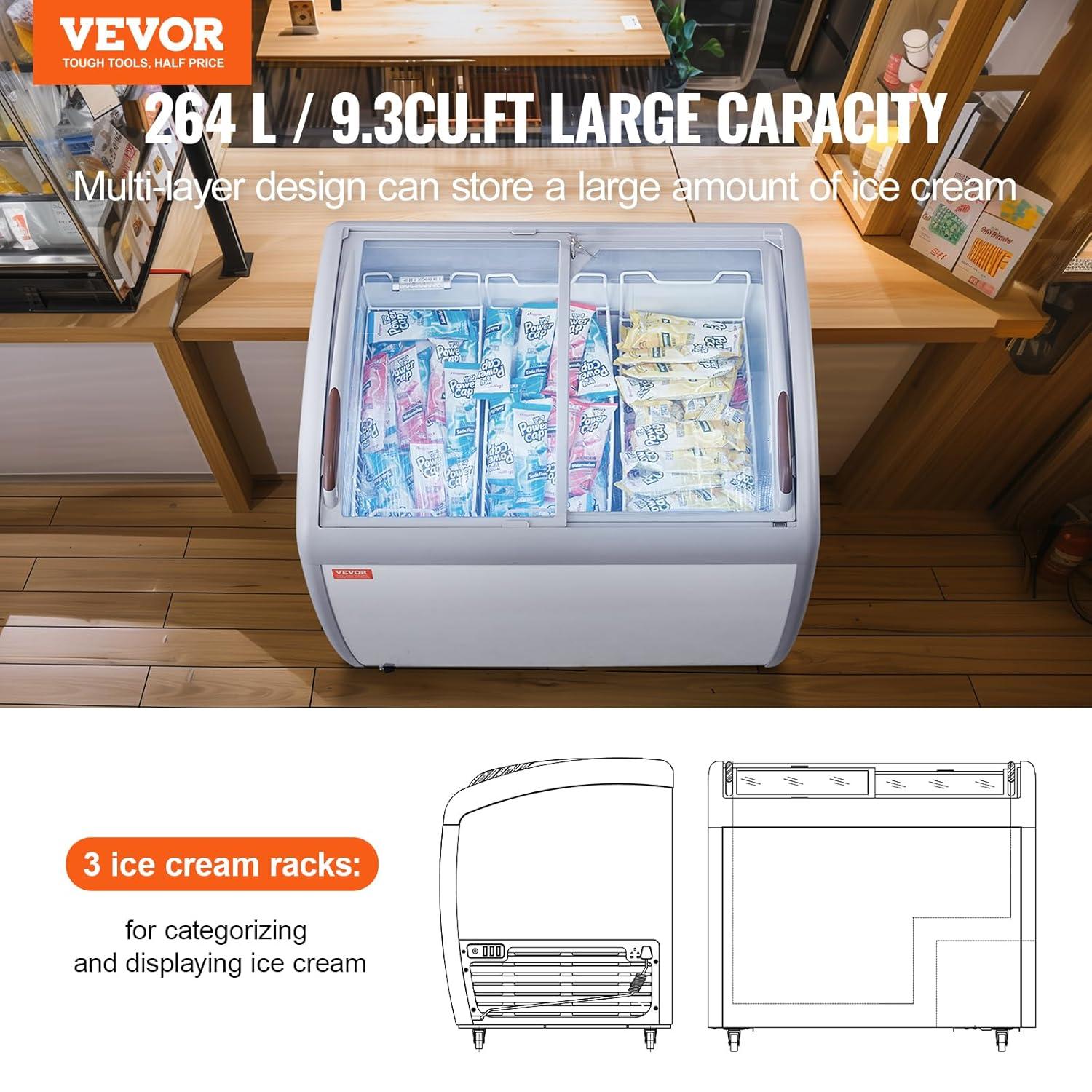 image:imageVEVOR Commercial Ice Cream Display Case 93 Cuft Chest Freezer Mobile Glass Top Deep Freezer Restaurant Gelato Dipping Cabinet with 3 Wire Baskets 2 Sliding Glass Doors Locking Casters White