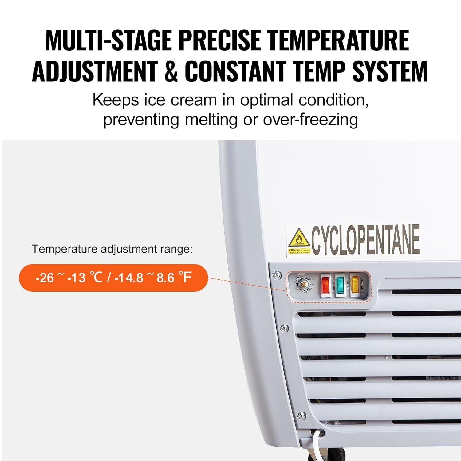 image:imageVEVOR Commercial Ice Cream Display Case 93 Cuft Chest Freezer Mobile Glass Top Deep Freezer Restaurant Gelato Dipping Cabinet with 3 Wire Baskets 2 Sliding Glass Doors Locking Casters White