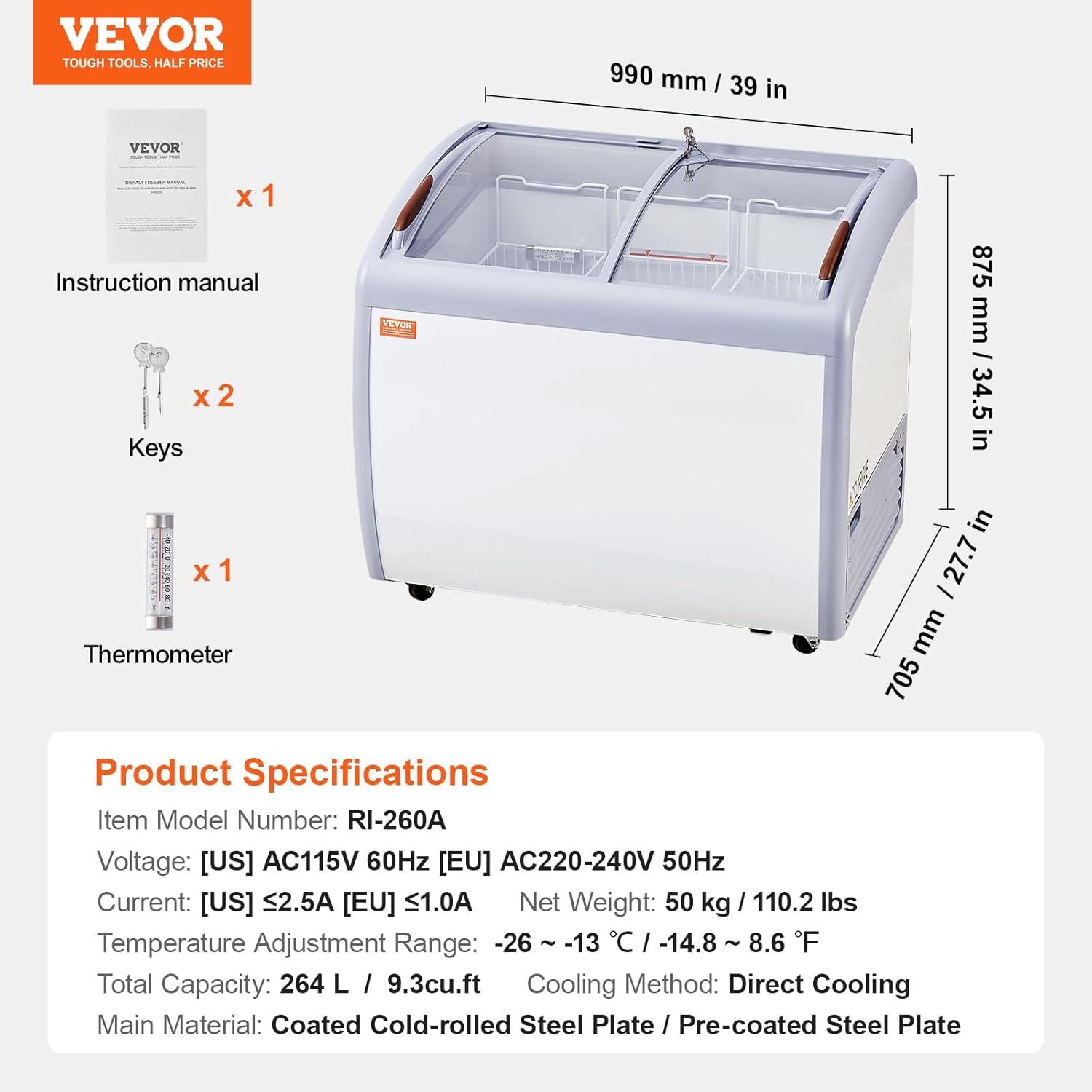 image:imageVEVOR Commercial Ice Cream Display Case 93 Cuft Chest Freezer Mobile Glass Top Deep Freezer Restaurant Gelato Dipping Cabinet with 3 Wire Baskets 2 Sliding Glass Doors Locking Casters White