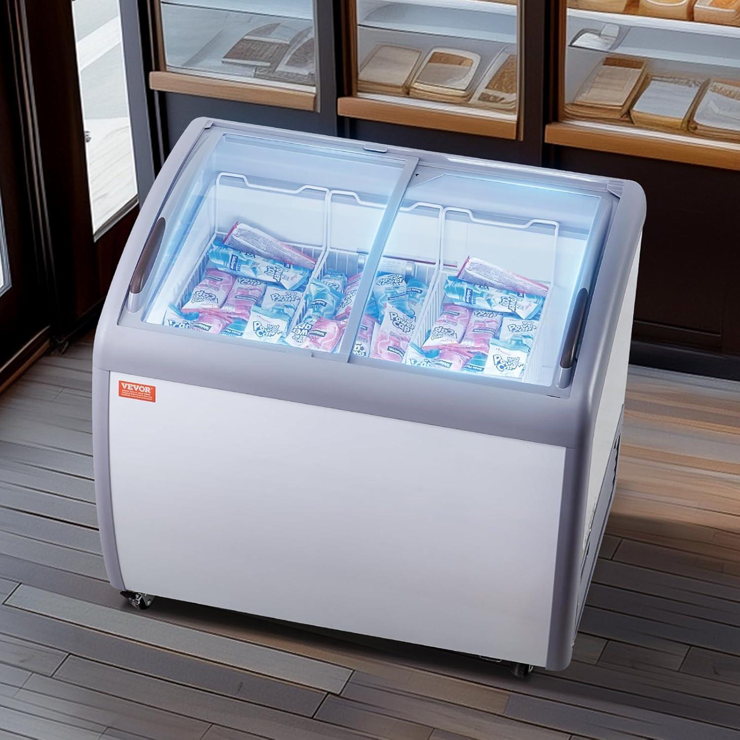image:imageVEVOR Commercial Ice Cream Display Case 93 Cuft Chest Freezer Mobile Glass Top Deep Freezer Restaurant Gelato Dipping Cabinet with 3 Wire Baskets 2 Sliding Glass Doors Locking Casters White