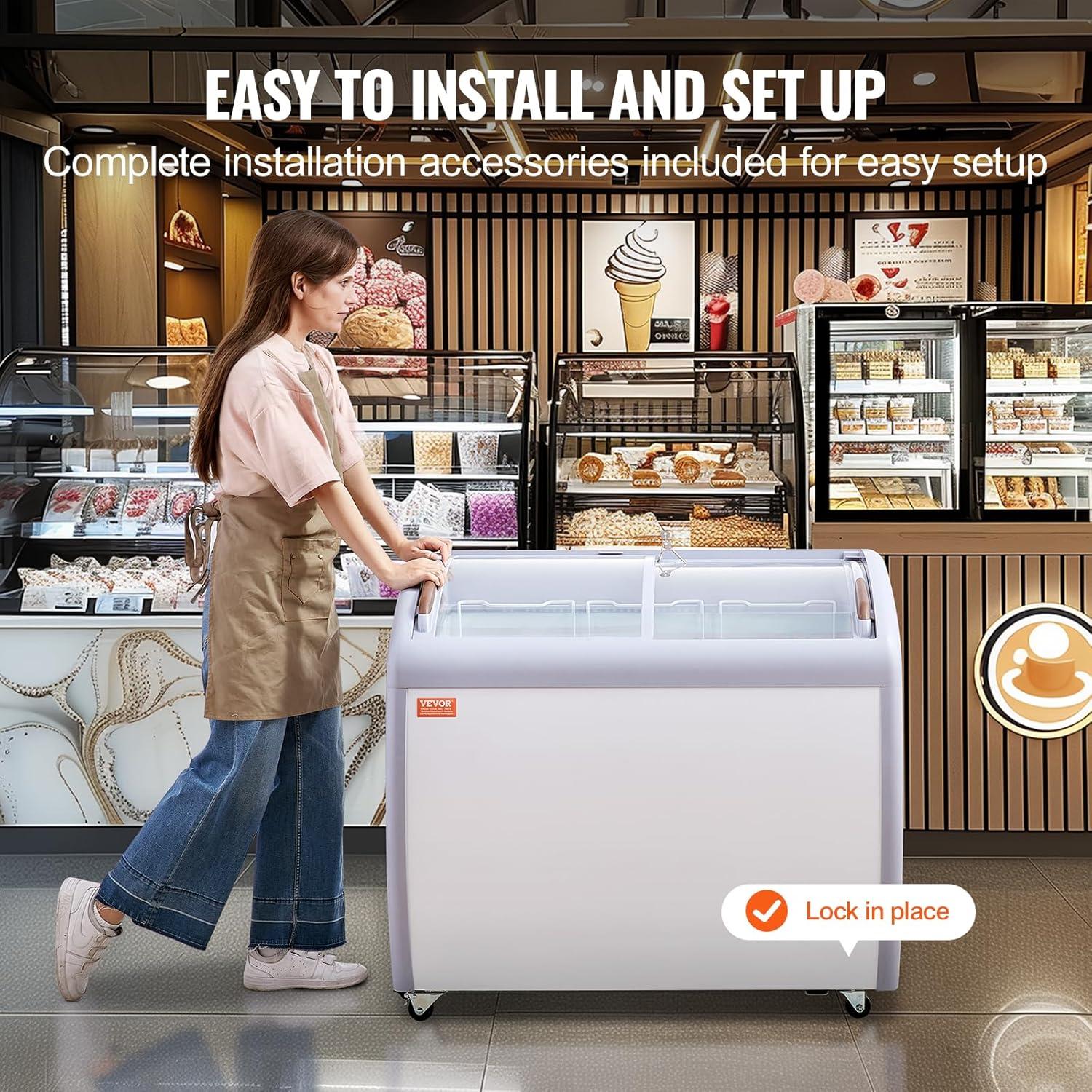 image:imageVEVOR Commercial Ice Cream Display Case 93 Cuft Chest Freezer Mobile Glass Top Deep Freezer Restaurant Gelato Dipping Cabinet with 3 Wire Baskets 2 Sliding Glass Doors Locking Casters White