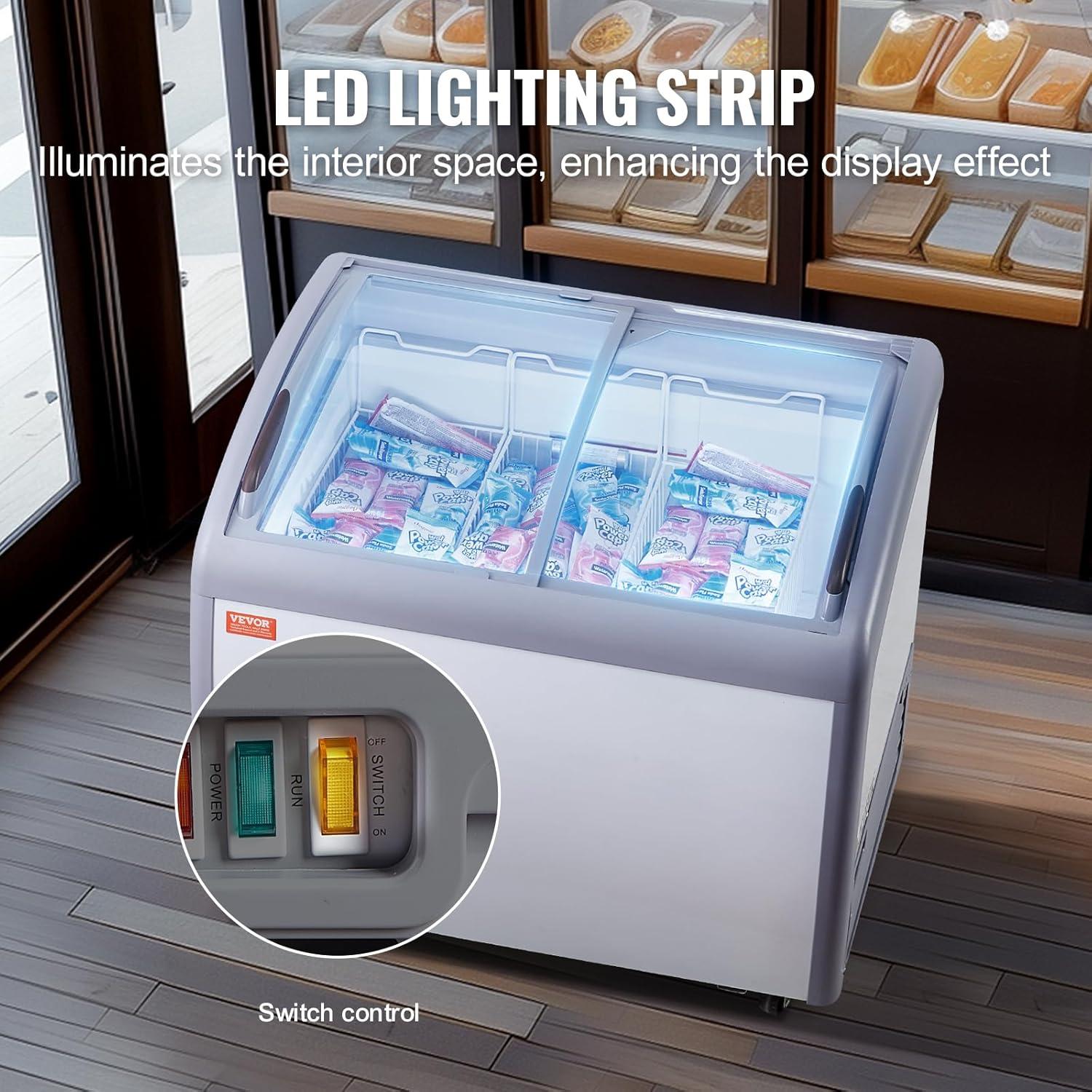 image:imageVEVOR Commercial Ice Cream Display Case 93 Cuft Chest Freezer Mobile Glass Top Deep Freezer Restaurant Gelato Dipping Cabinet with 3 Wire Baskets 2 Sliding Glass Doors Locking Casters White