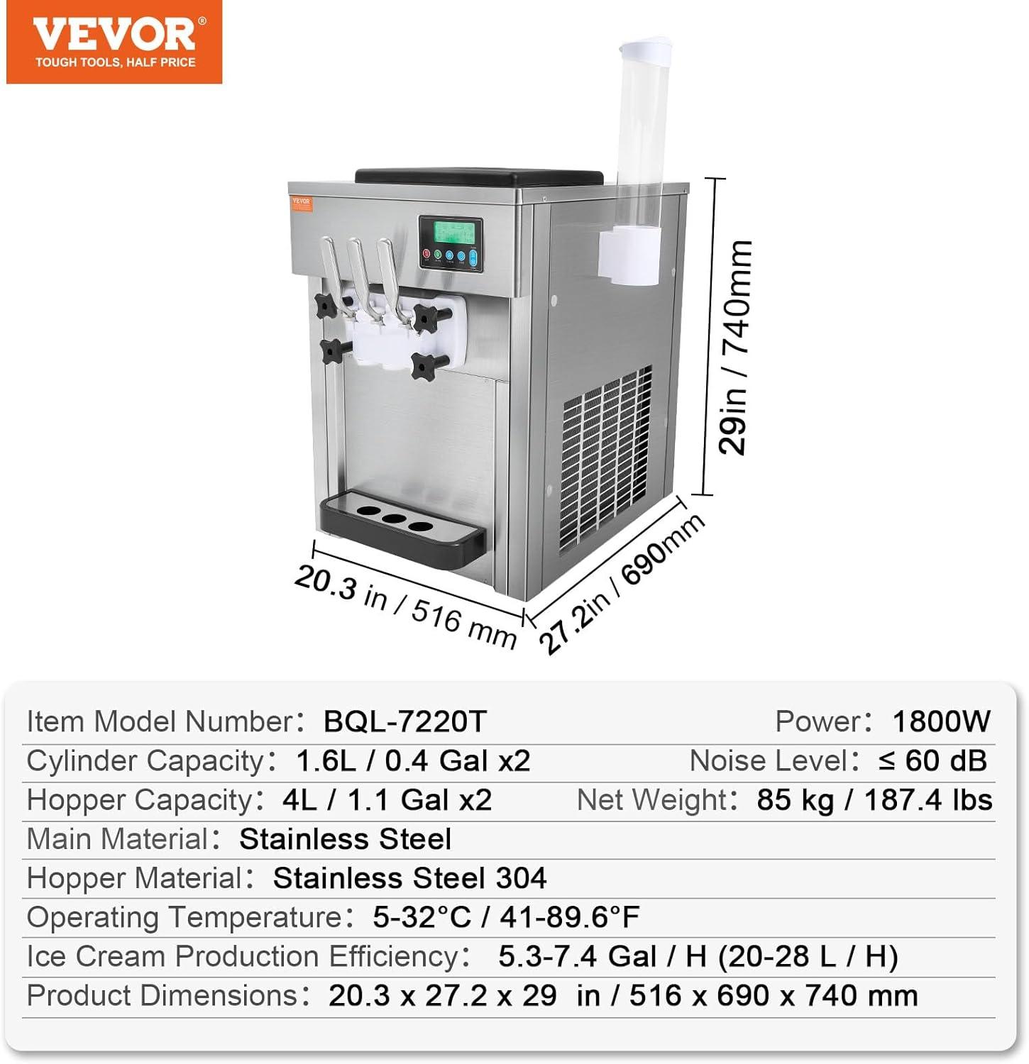 image:imageVEVOR Commercial Ice Cream Machine 21 QTH Yield 1800W 3Flavor Countertop Soft Serve Ice Cream Maker 2 x 4L Hopper 2 x 18L Cylinder LCD Panel Auto Clean Precooling for Restaurant Snack Bar