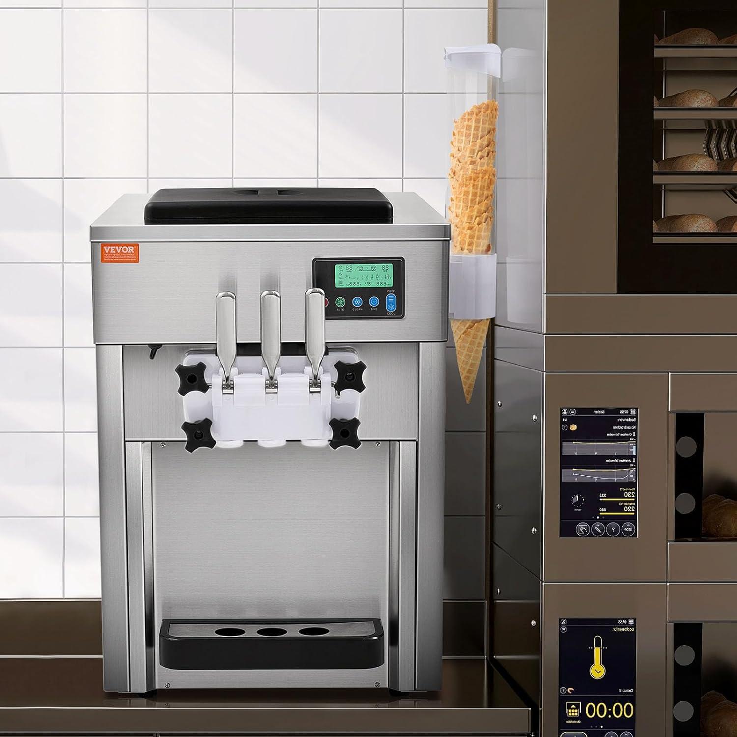 image:imageVEVOR Commercial Ice Cream Machine 21 QTH Yield 1800W 3Flavor Countertop Soft Serve Ice Cream Maker 2 x 4L Hopper 2 x 18L Cylinder LCD Panel Auto Clean Precooling for Restaurant Snack Bar