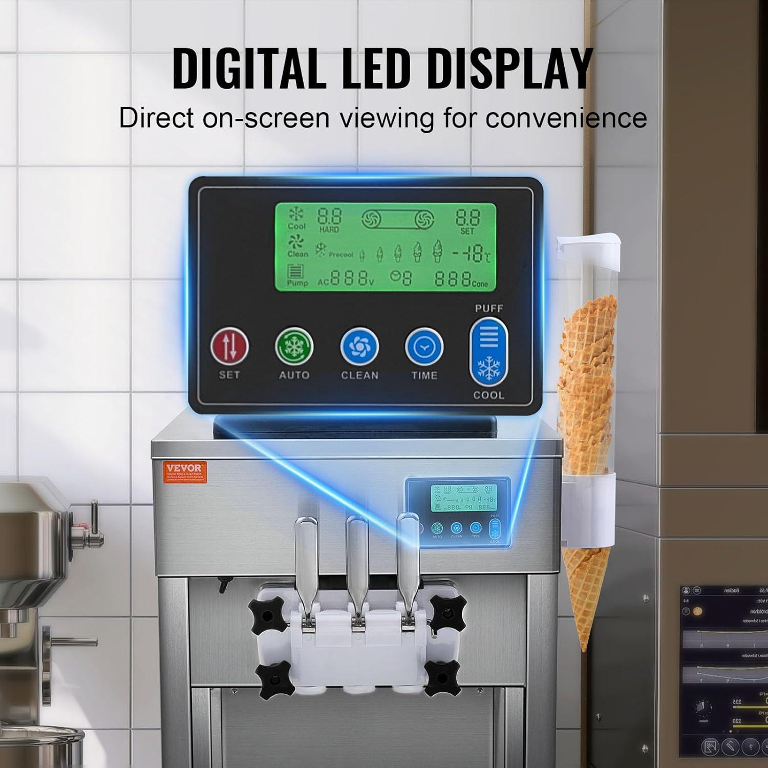 image:imageVEVOR Commercial Ice Cream Machine 21 QTH Yield 1800W 3Flavor Countertop Soft Serve Ice Cream Maker 2 x 4L Hopper 2 x 18L Cylinder LCD Panel Auto Clean Precooling for Restaurant Snack Bar