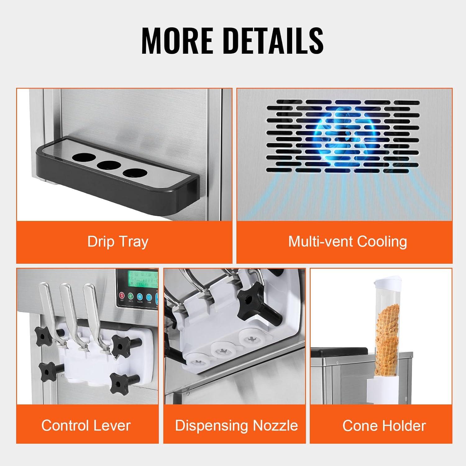 image:imageVEVOR Commercial Ice Cream Machine 21 QTH Yield 1800W 3Flavor Countertop Soft Serve Ice Cream Maker 2 x 4L Hopper 2 x 18L Cylinder LCD Panel Auto Clean Precooling for Restaurant Snack Bar