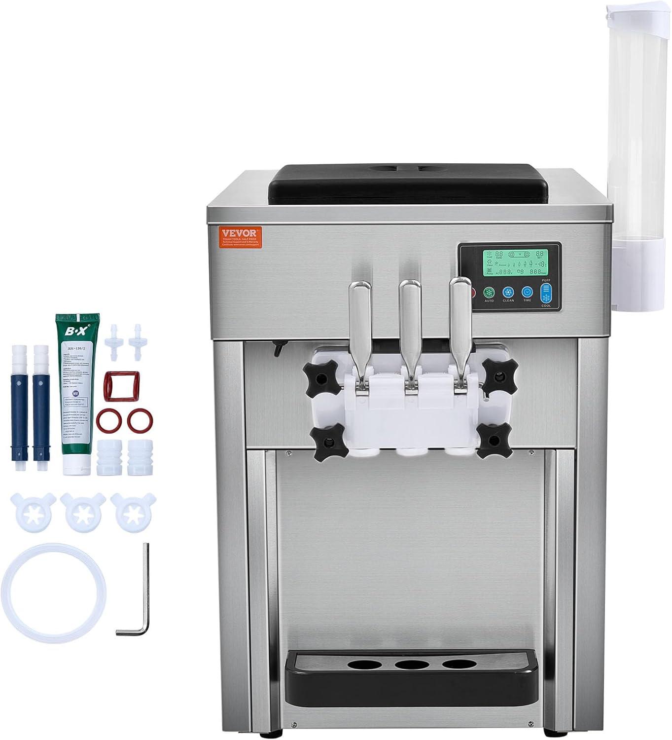 image:imageVEVOR Commercial Ice Cream Machine 21 QTH Yield 1800W 3Flavor Countertop Soft Serve Ice Cream Maker 2 x 4L Hopper 2 x 18L Cylinder LCD Panel Auto Clean Precooling for Restaurant Snack Bar