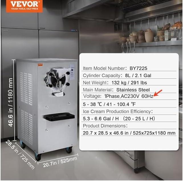 image:imageVEVOR Commercial Ice Cream Machine 2400w 1Flavor Hard Serve Ice Cream Maker 2025LH Yield 8L Stainless Steel Cylinder Digital Control Auto Clean Adjustable Texture for Restaurants Snack Bars