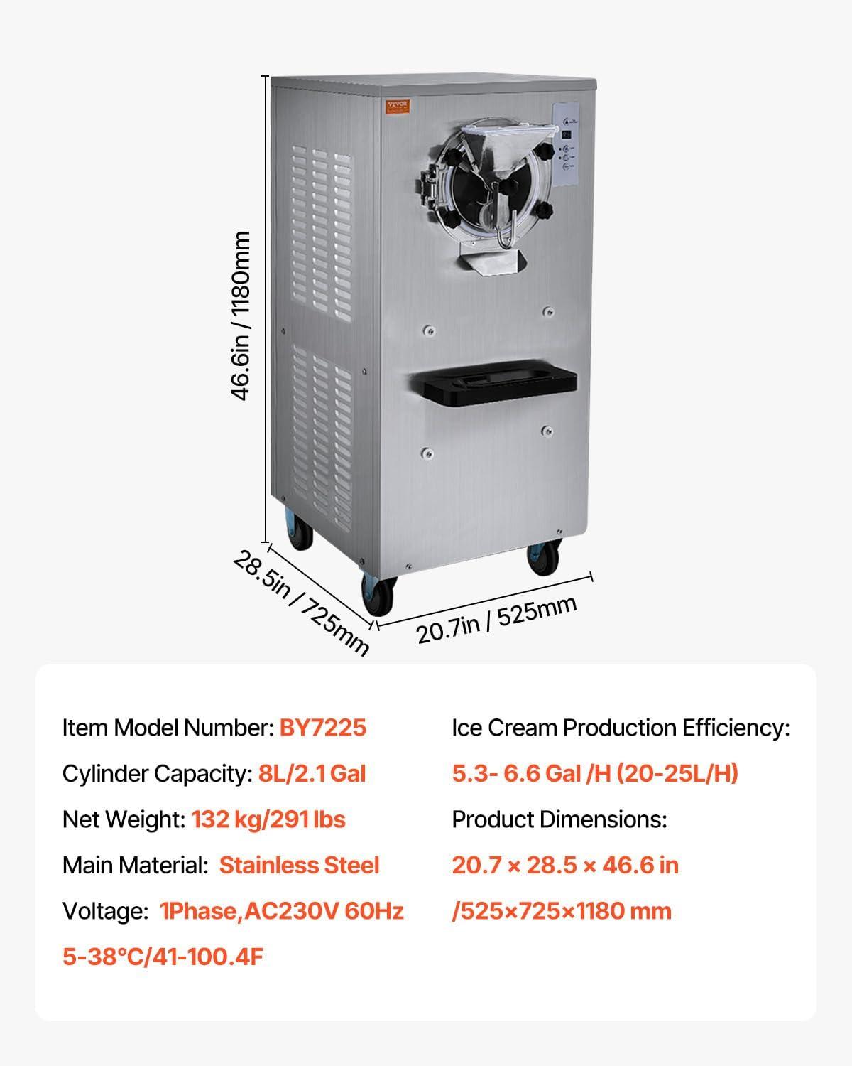 image:imageVEVOR Commercial Ice Cream Machine 2400w 1Flavor Hard Serve Ice Cream Maker 2025LH Yield 8L Stainless Steel Cylinder Digital Control Auto Clean Adjustable Texture for Restaurants Snack Bars
